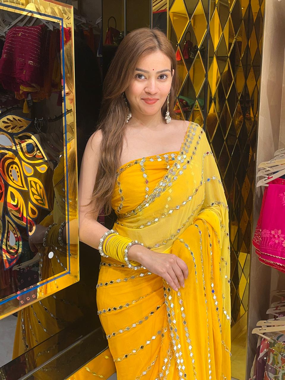 Yellow Ombre Mirror Work Saree (295)