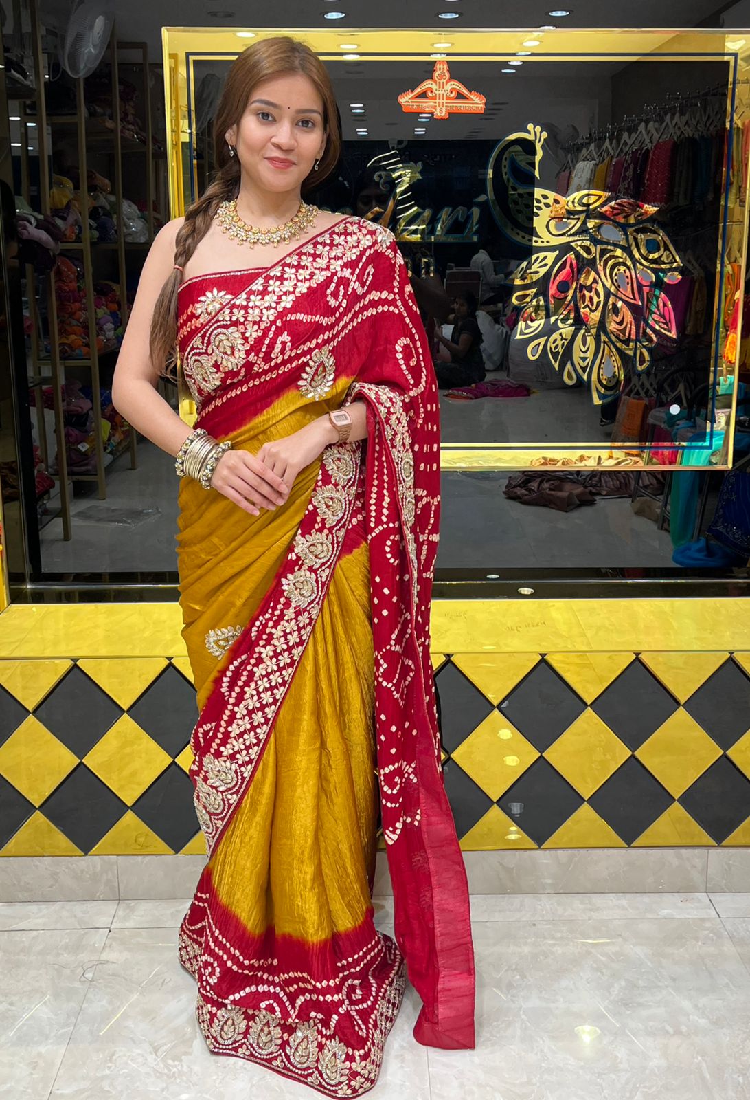 Red Bandhani Piliya Gajji Silk Handcrafted Saree (293)