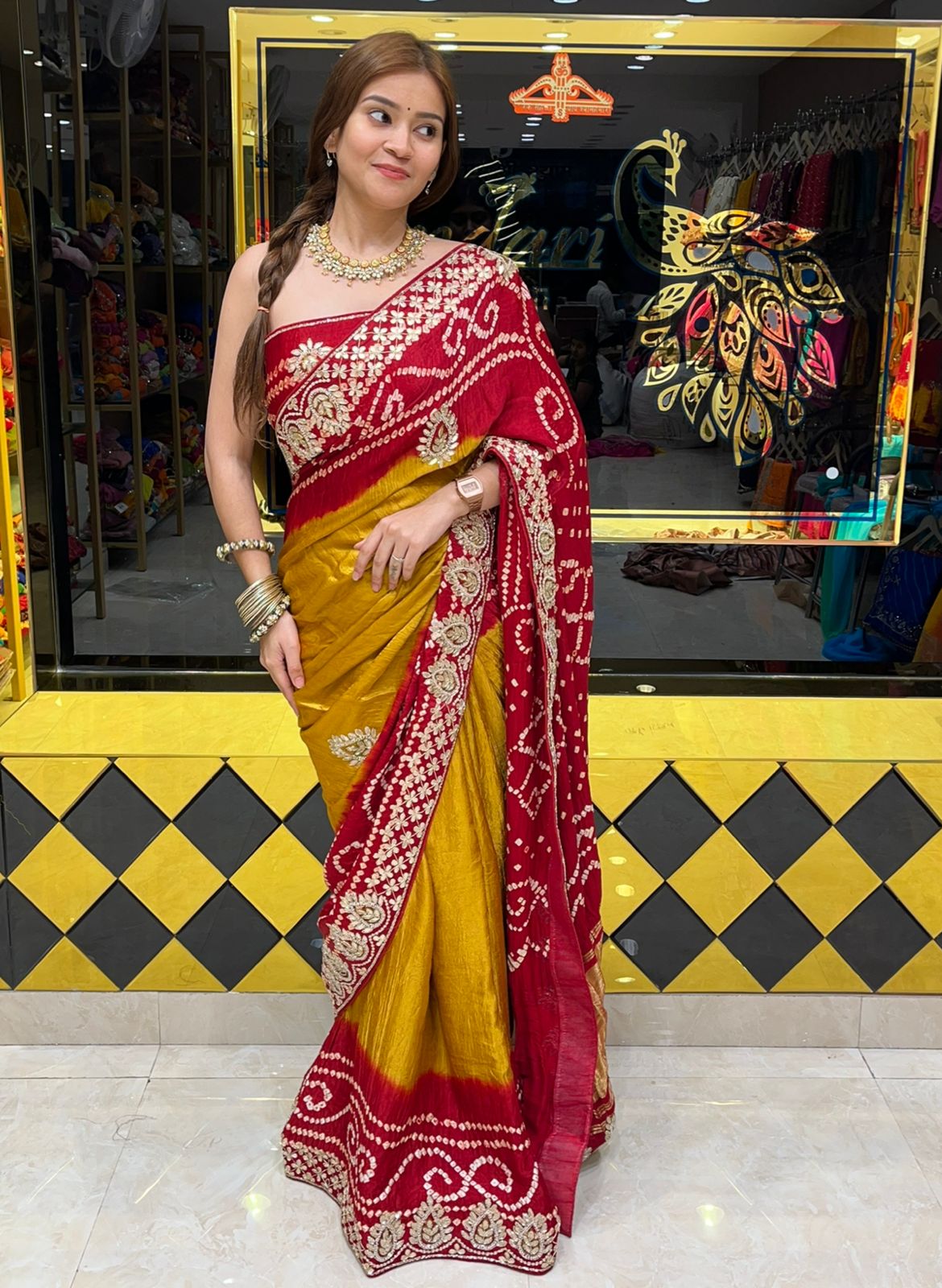 Red Bandhani Piliya Gajji Silk Handcrafted Saree (293)