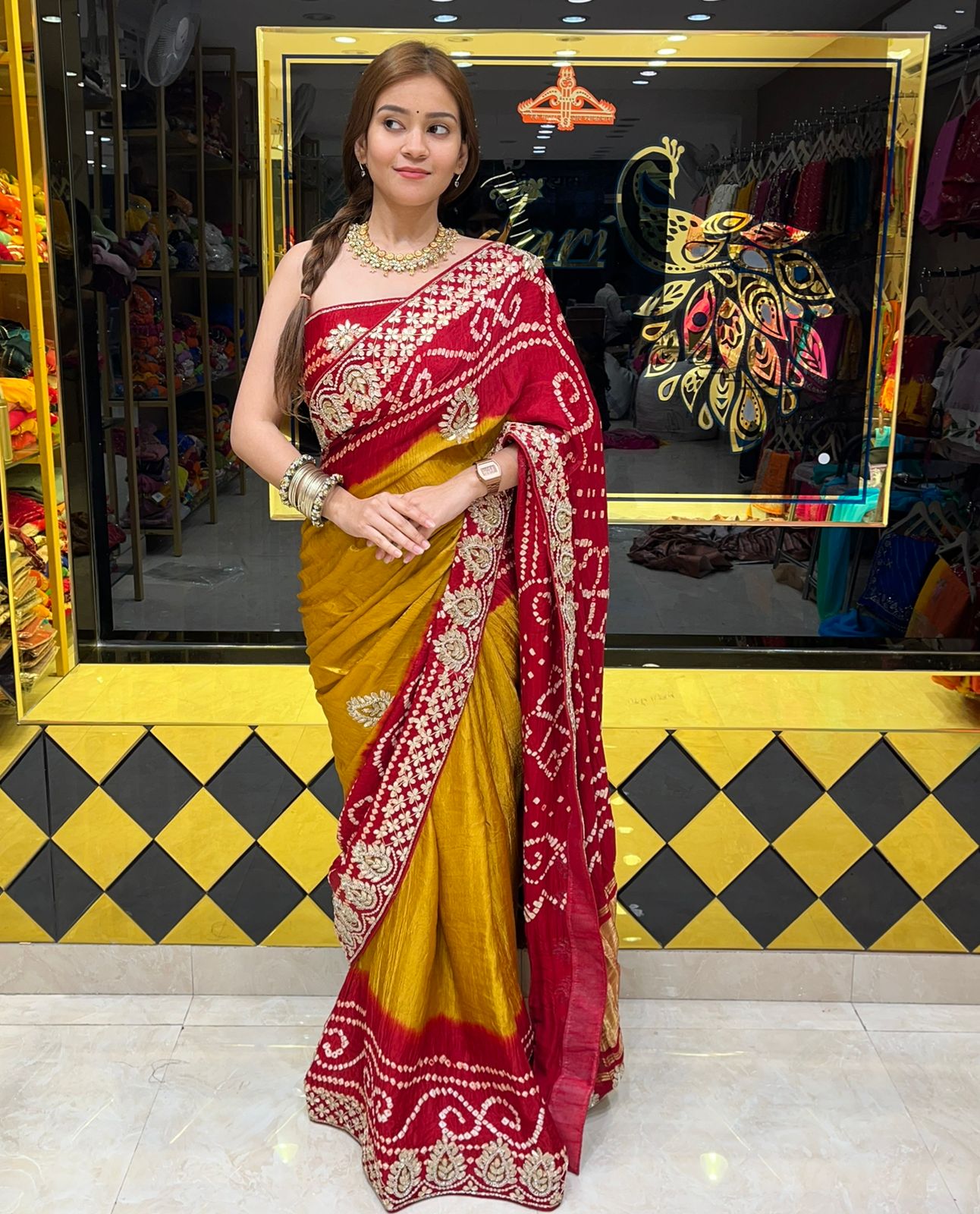 Red Bandhani Piliya Gajji Silk Handcrafted Saree (293)