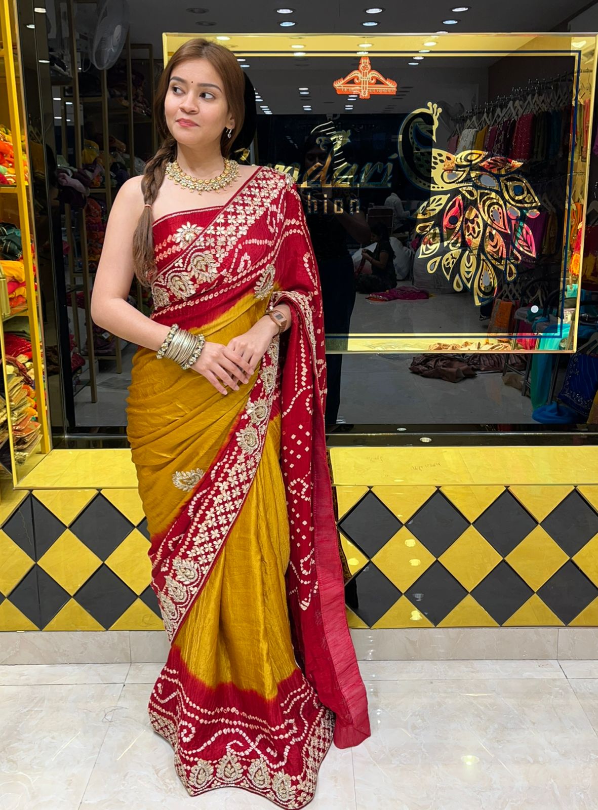 Red Bandhani Piliya Gajji Silk Handcrafted Saree (293)