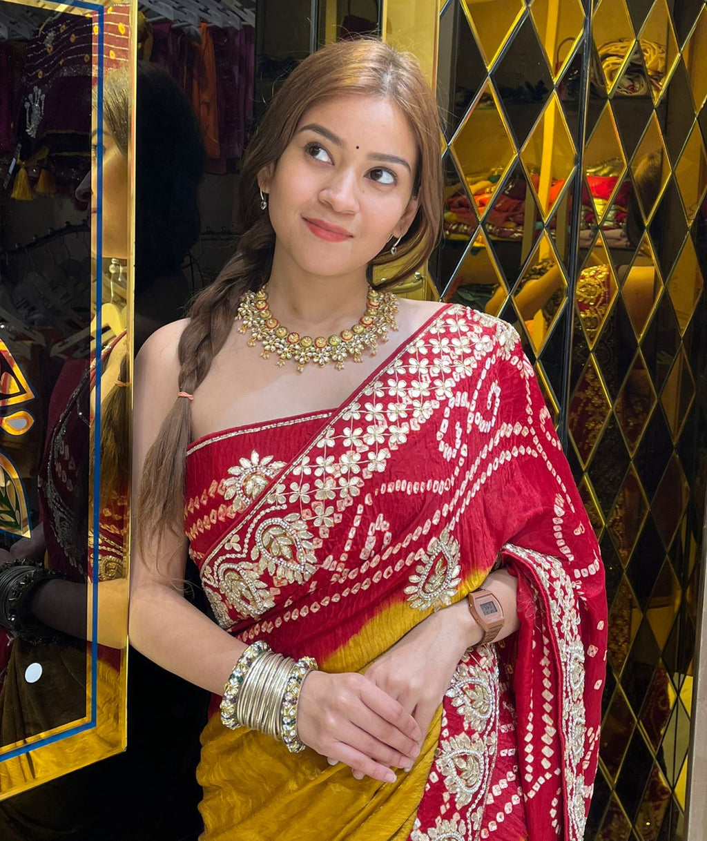Red Bandhani Piliya Gajji Silk Handcrafted Saree (293)