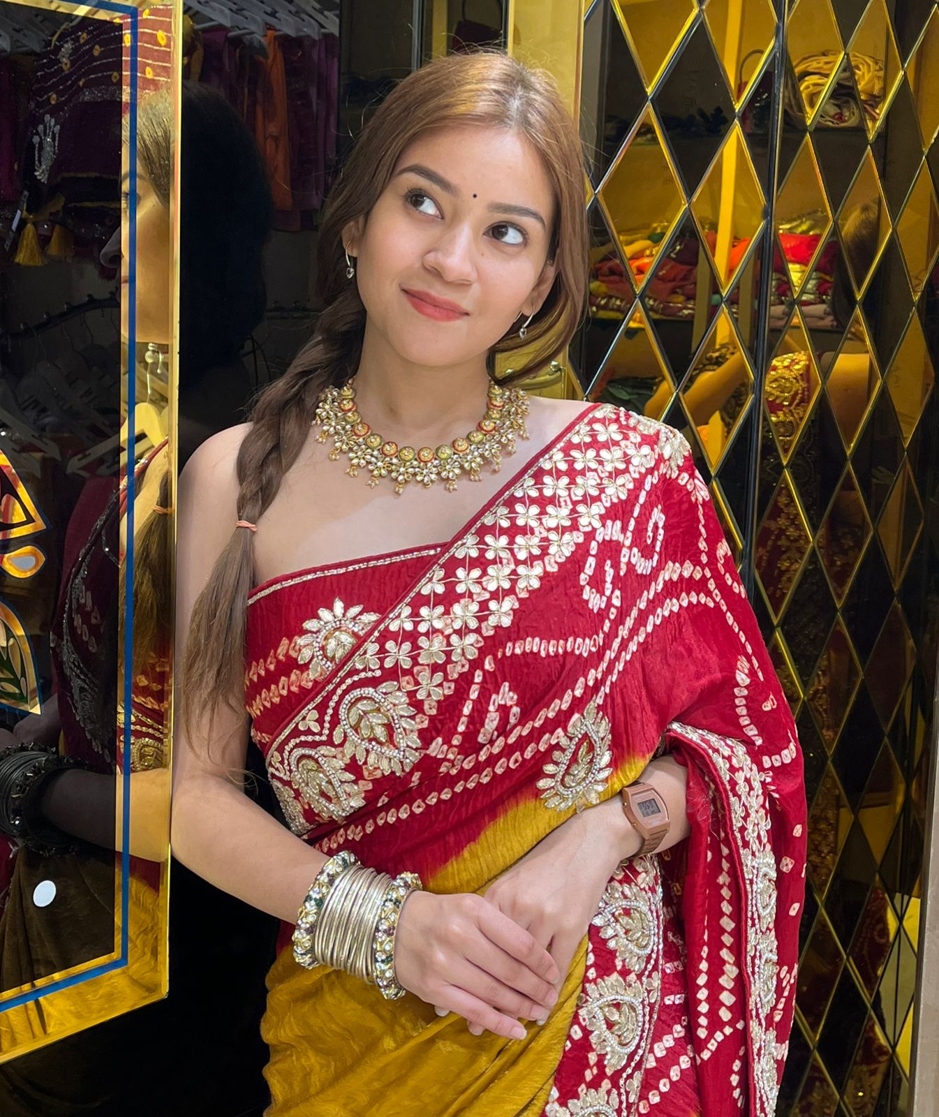 Red Bandhani Piliya Gajji Silk Handcrafted Saree (293)