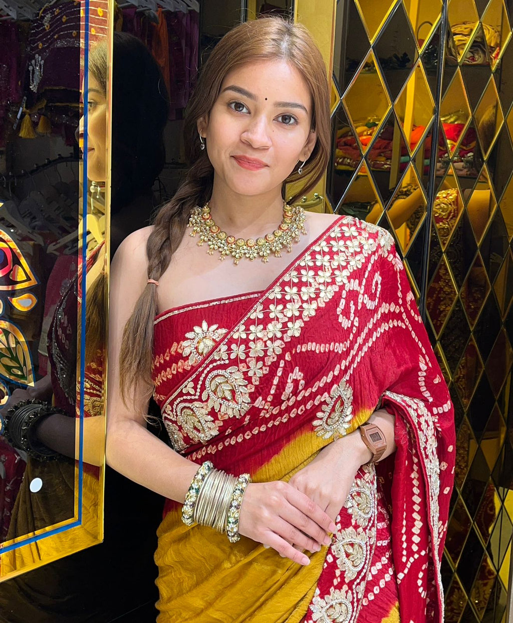 Red Bandhani Piliya Gajji Silk Handcrafted Saree (293)