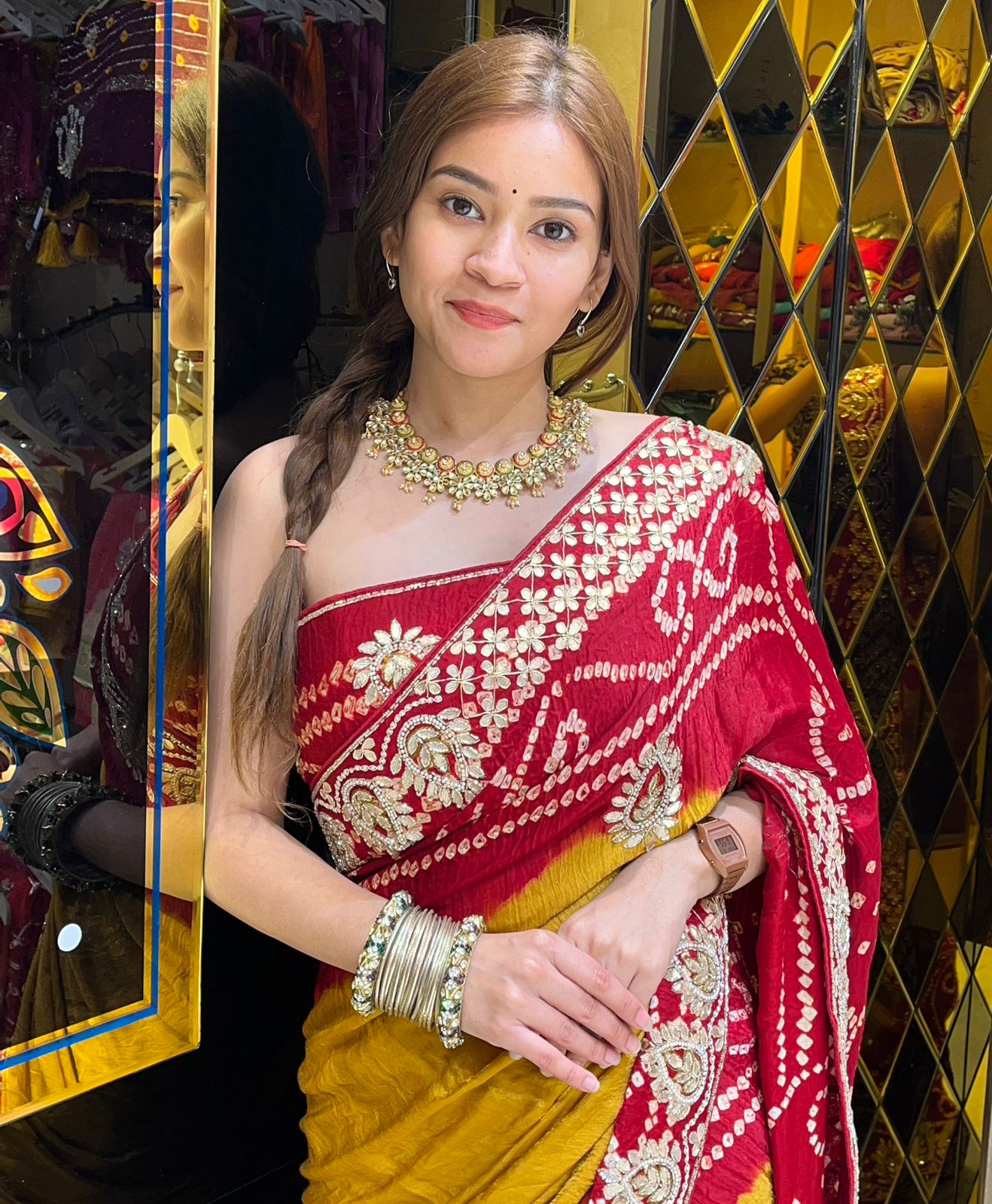 Red Bandhani Piliya Gajji Silk Handcrafted Saree (293)