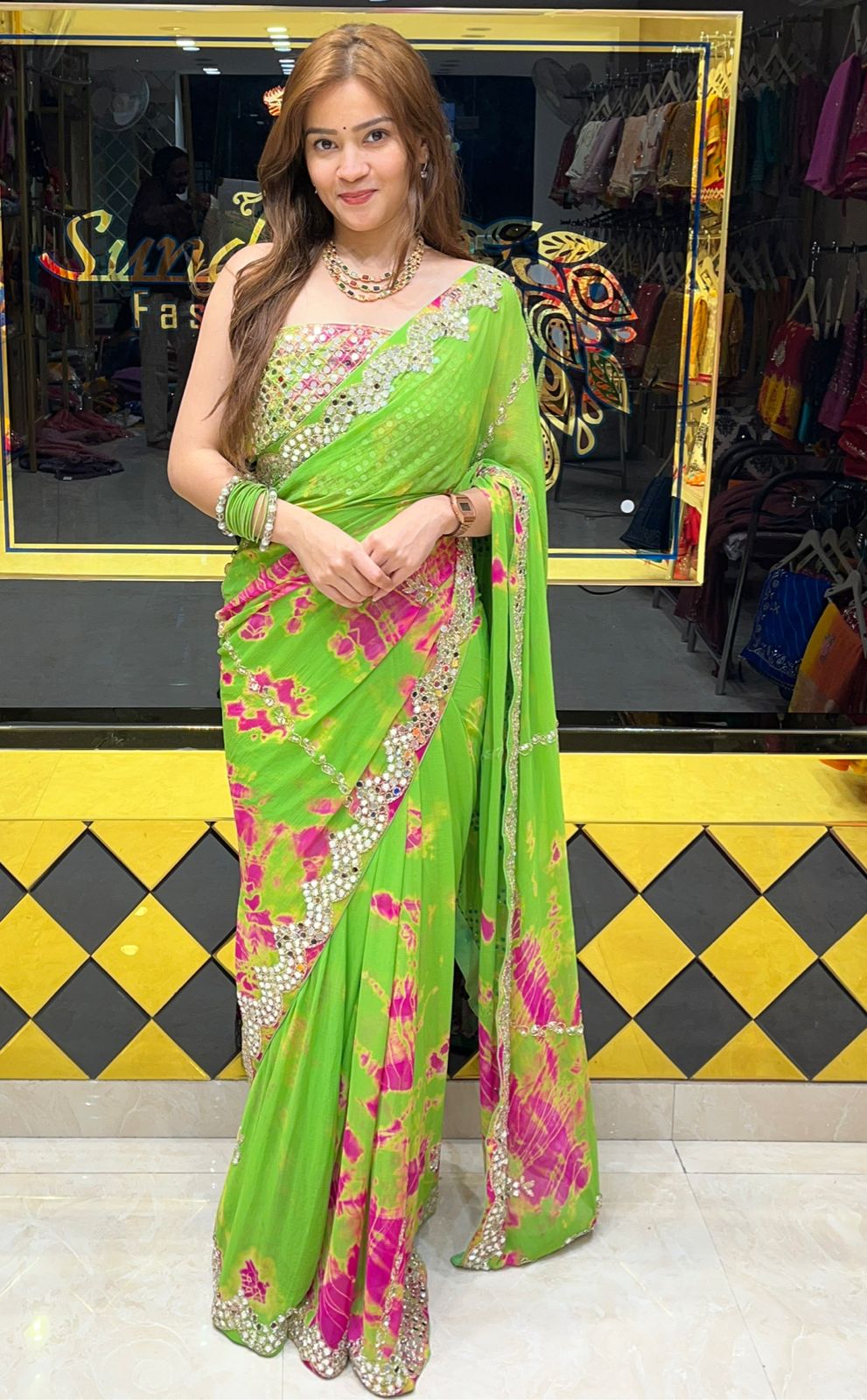 Green Vibrant Mirror Handwork Saree (301)