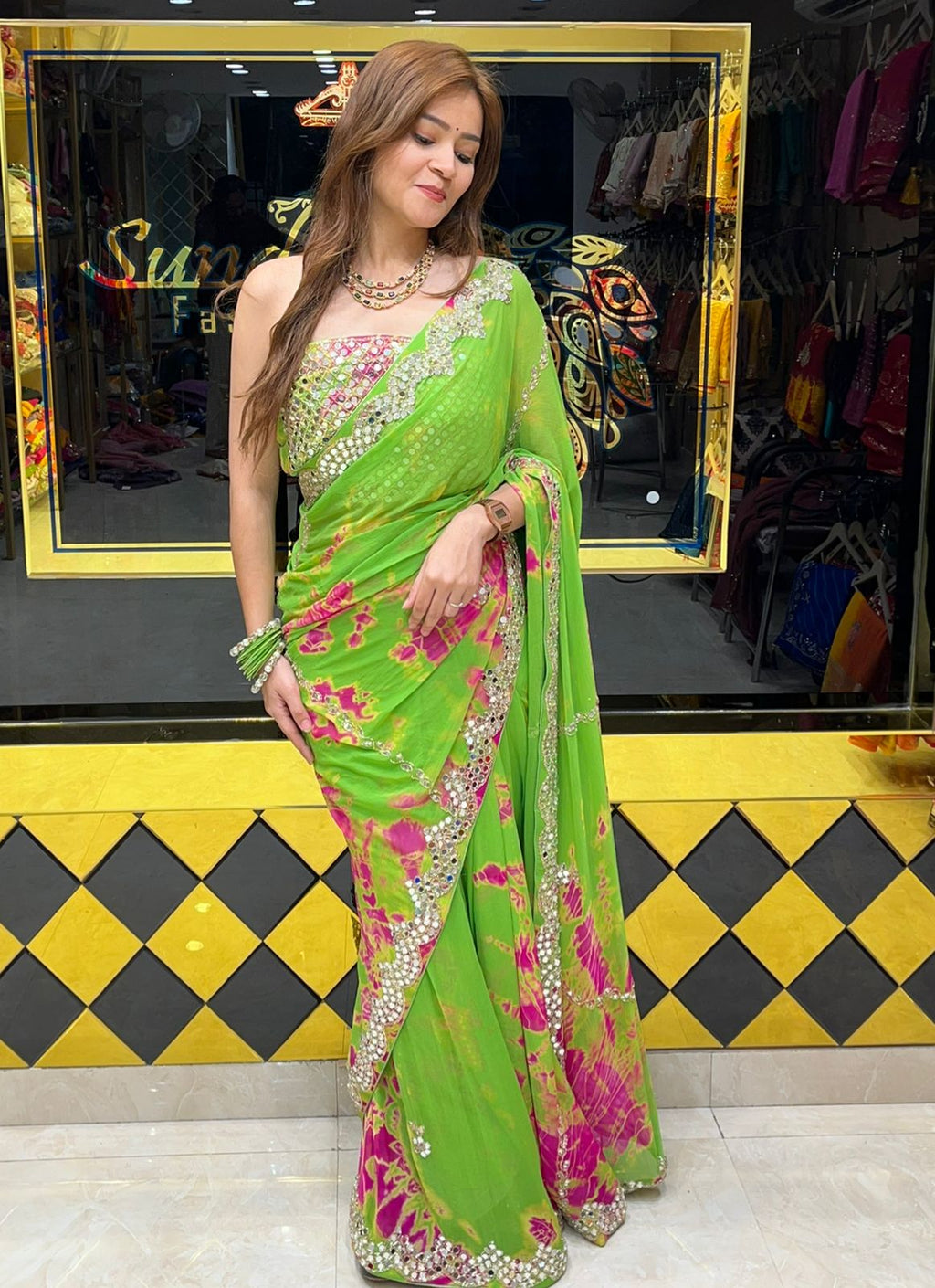 Green Vibrant Mirror Handwork Saree (301)