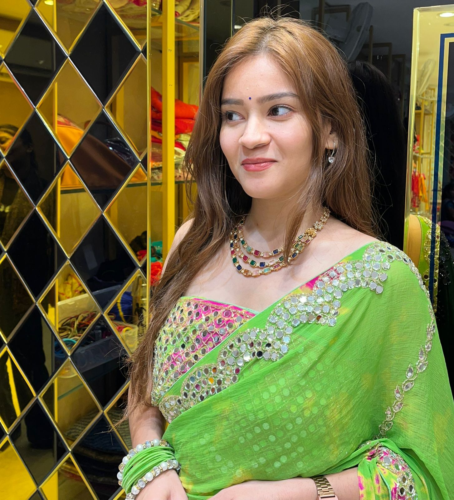 Green Vibrant Mirror Handwork Saree (301)