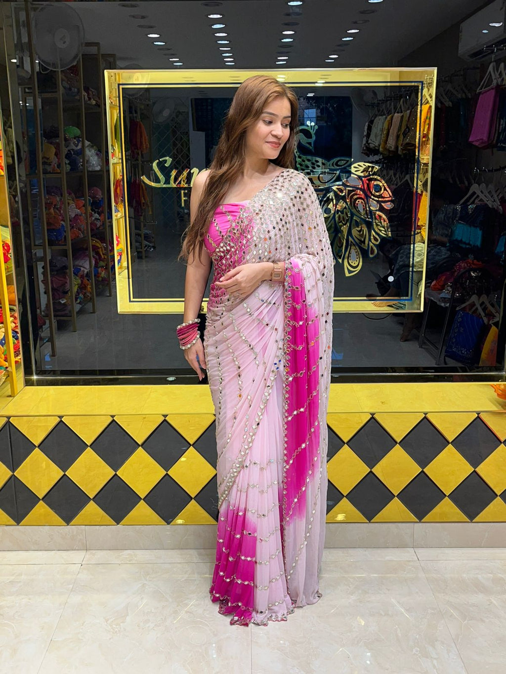 Dual Shade Full Mirror Work Saree (305)