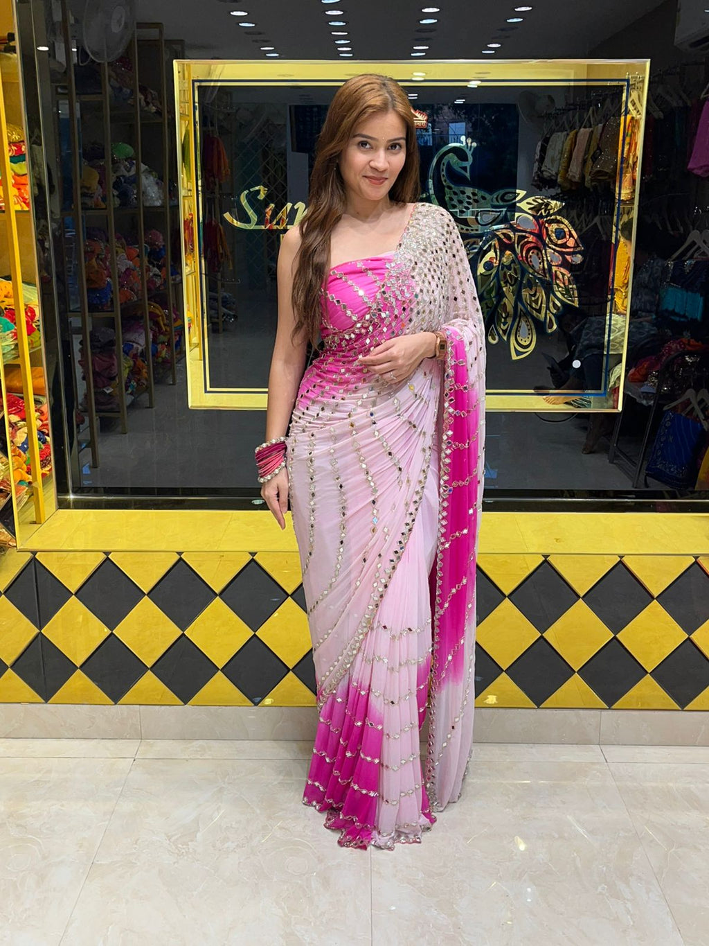 Dual Shade Full Mirror Work Saree (305)