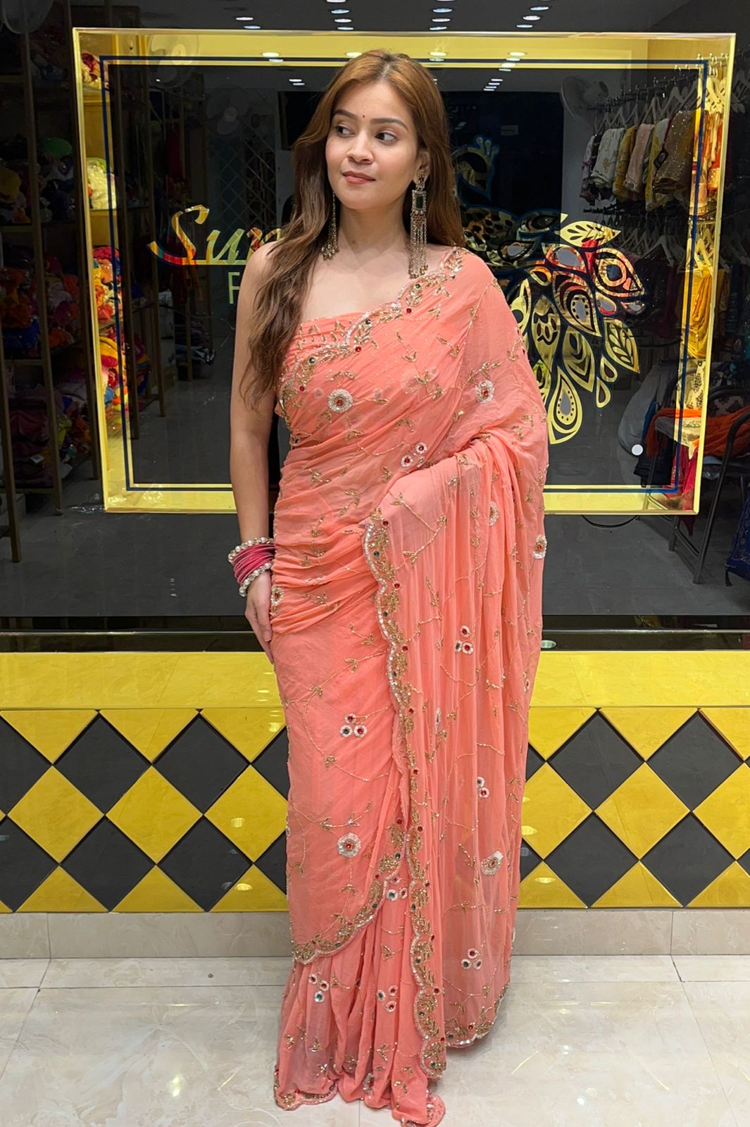 Peach Multiple Handwork Designer Saree (306)