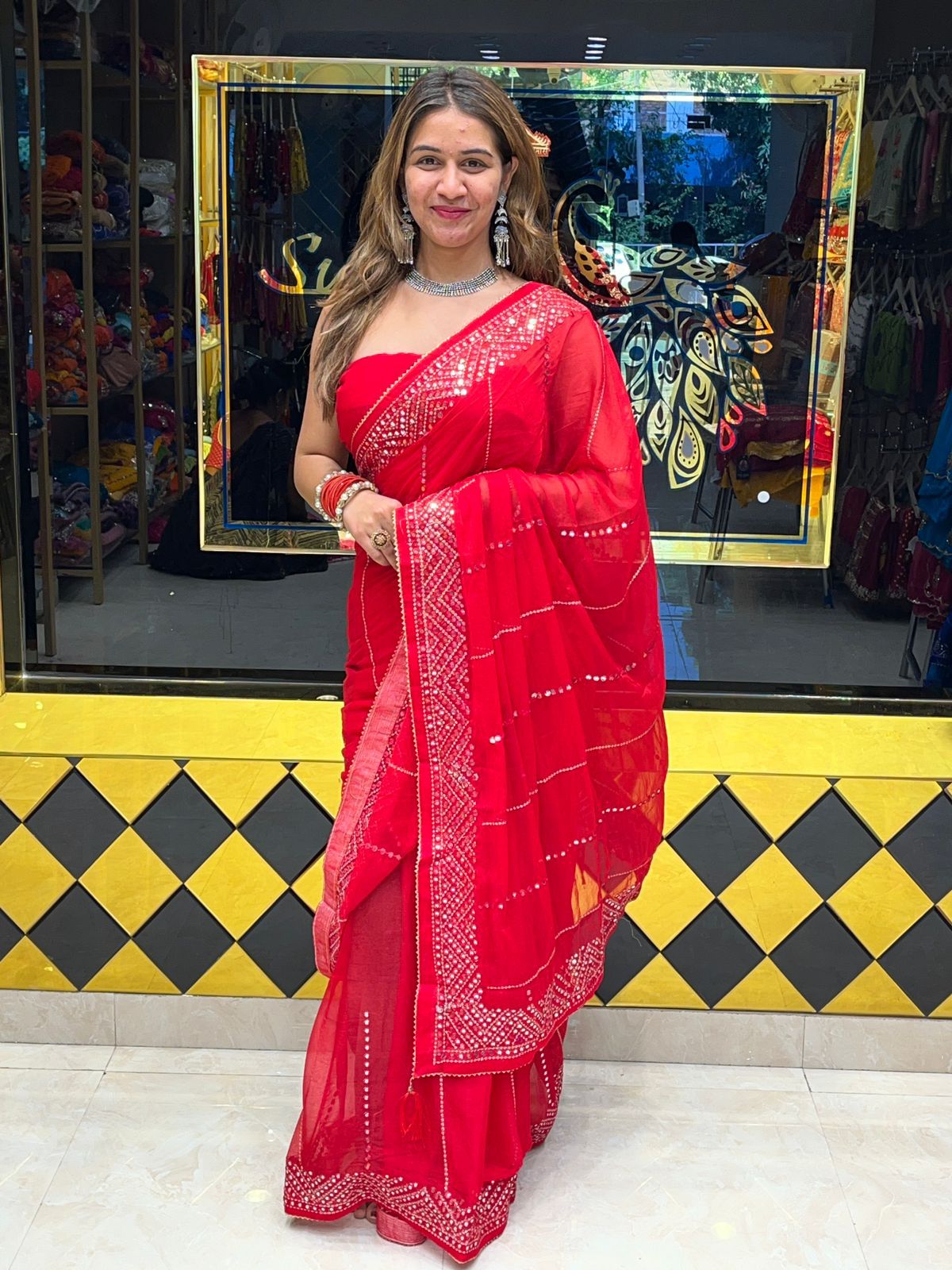 Red Diamond Chiffon Desinger saree (s17)