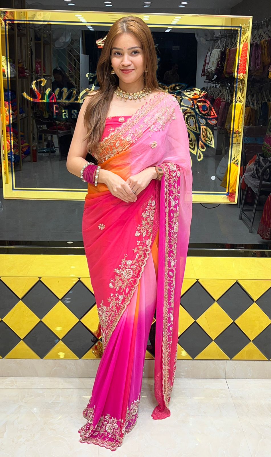 Red & Pink Pearl Handwork Saree (308)