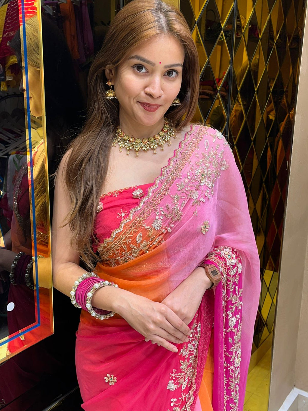 Red & Pink Pearl Handwork Saree (308)