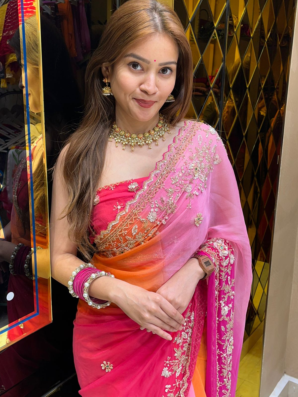 Red & Pink Pearl Handwork Saree (308)