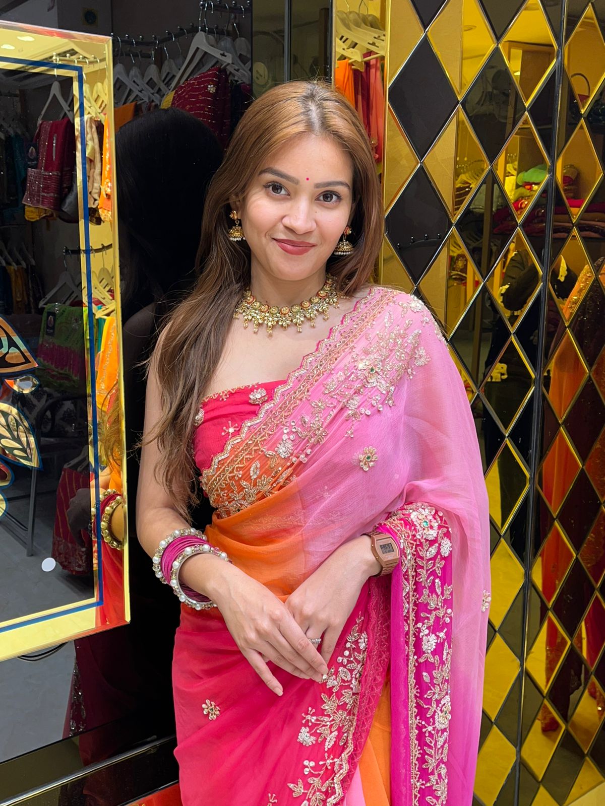 Red & Pink Pearl Handwork Saree (308)