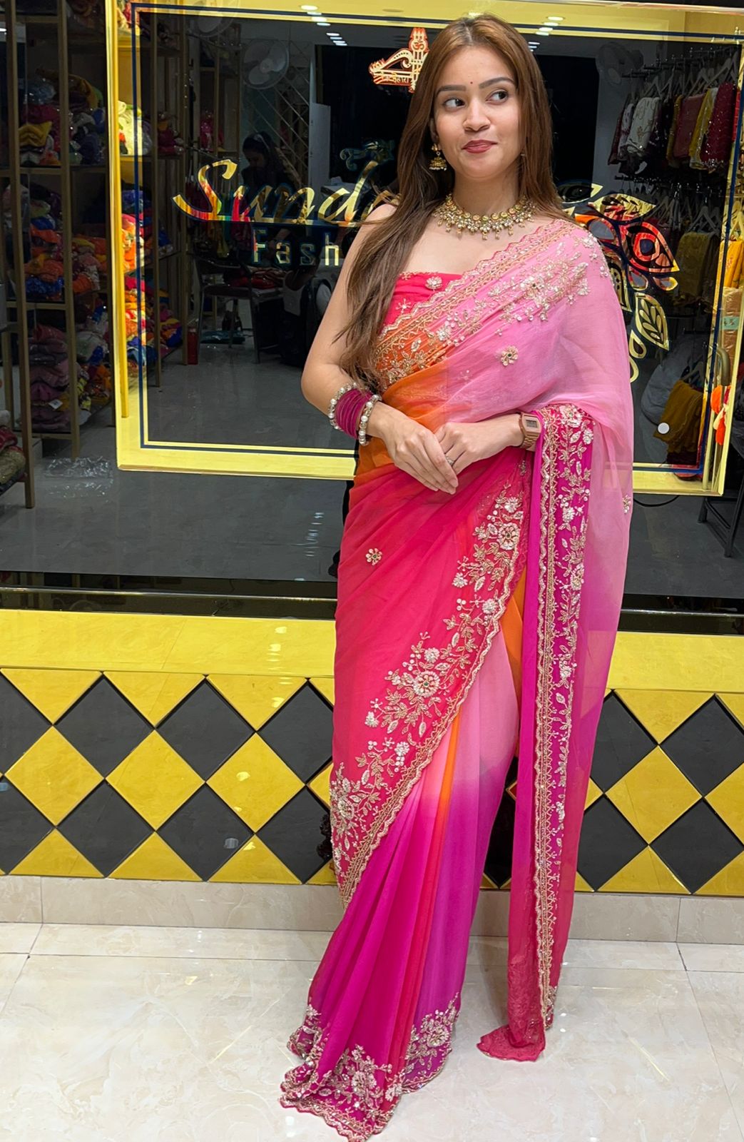 Red & Pink Pearl Handwork Saree (308)