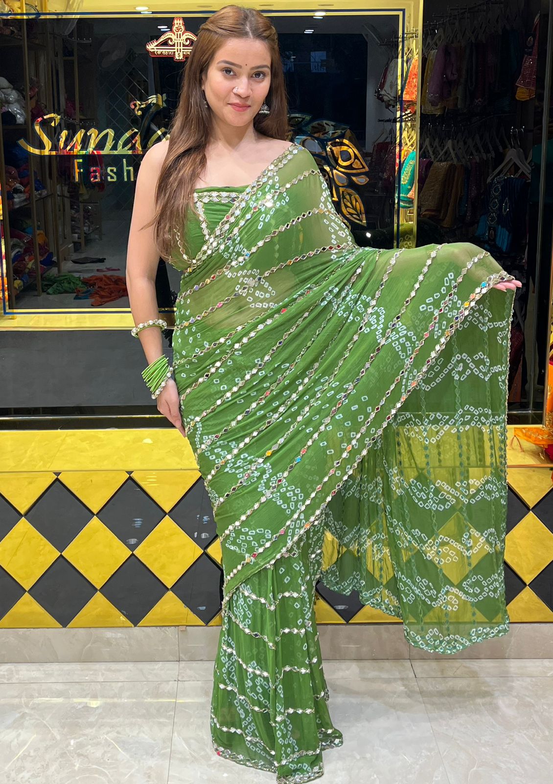 Green Bandhej MIrror Handcrafted Saree (311)