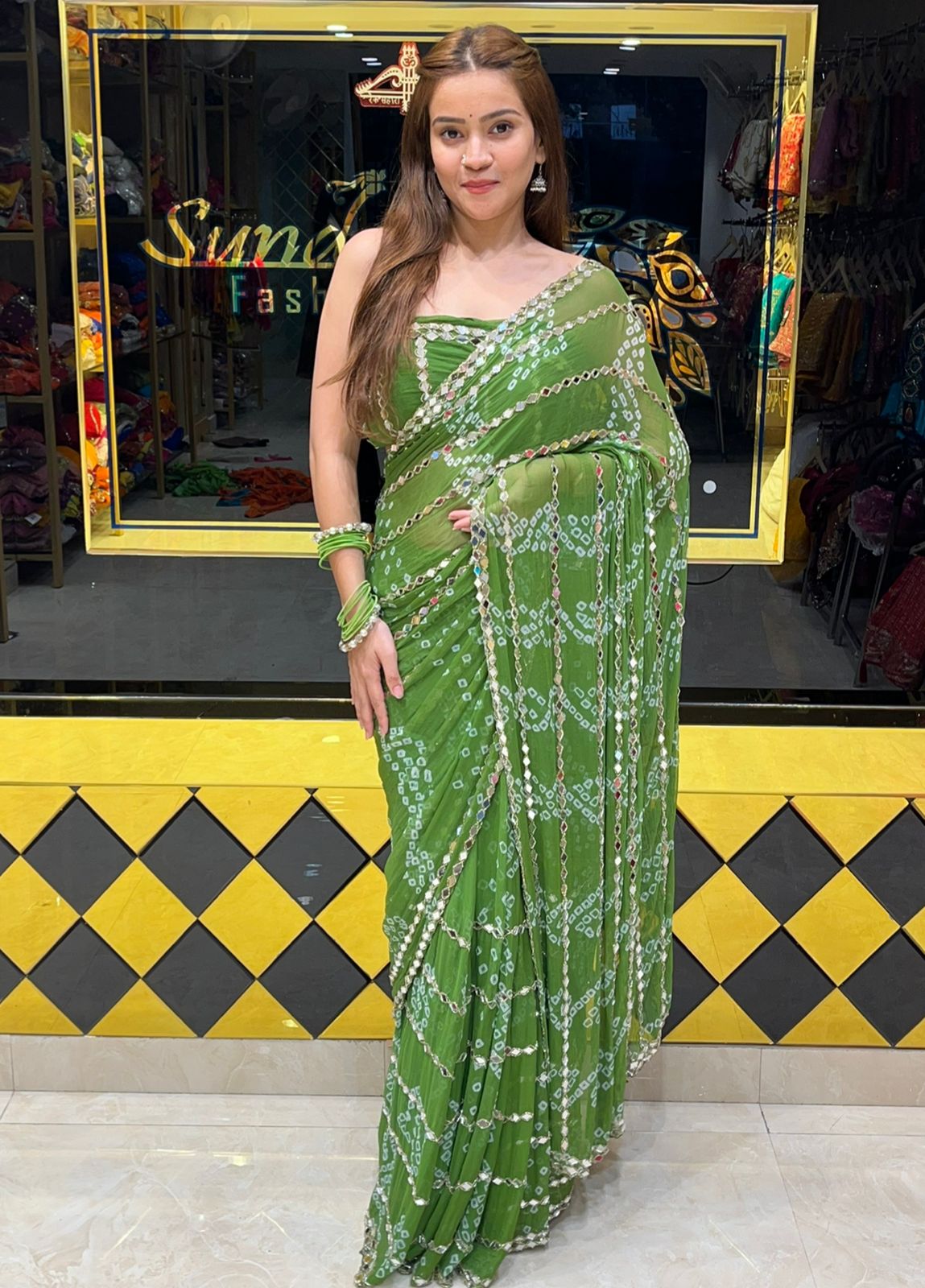 Green Bandhej MIrror Handcrafted Saree (311)