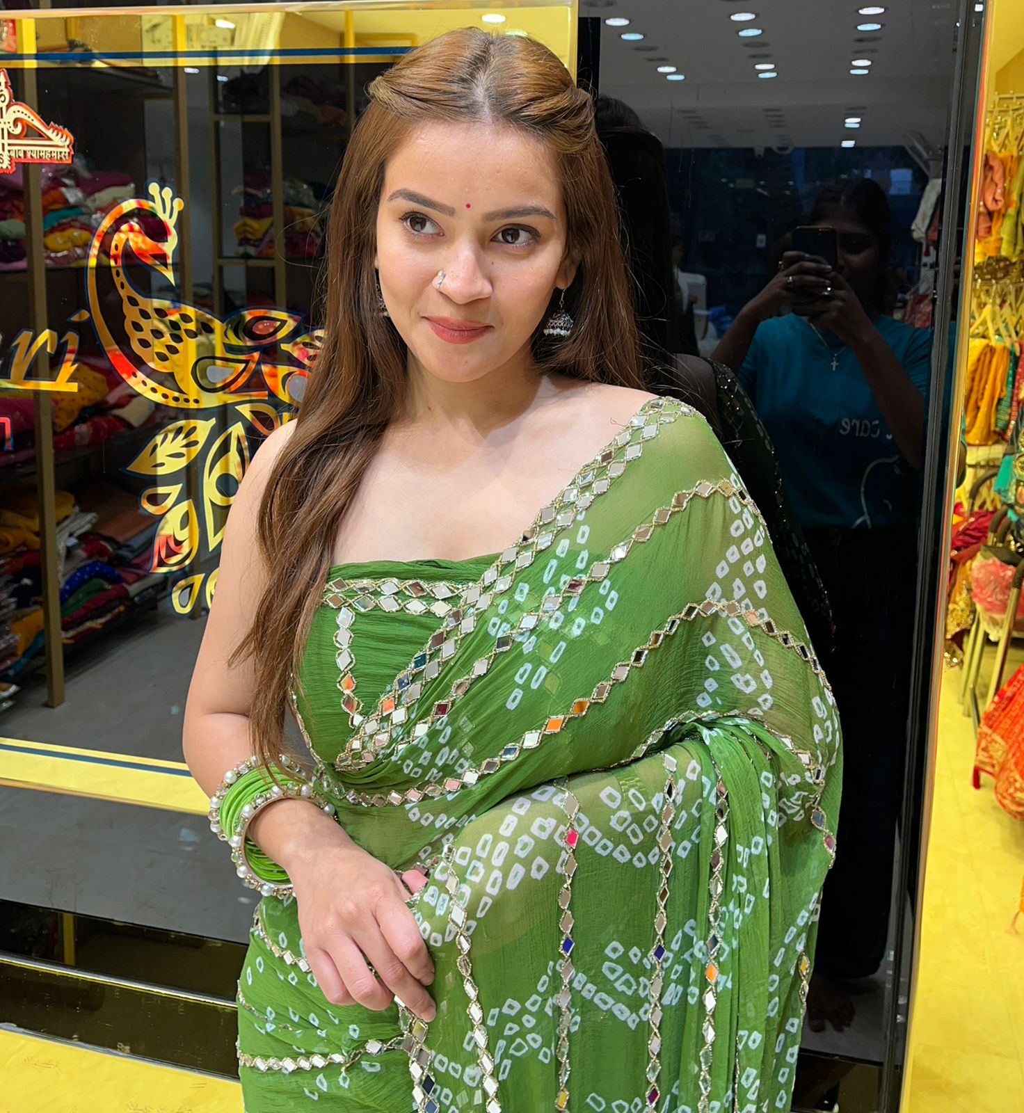 Green Bandhej MIrror Handcrafted Saree (311)