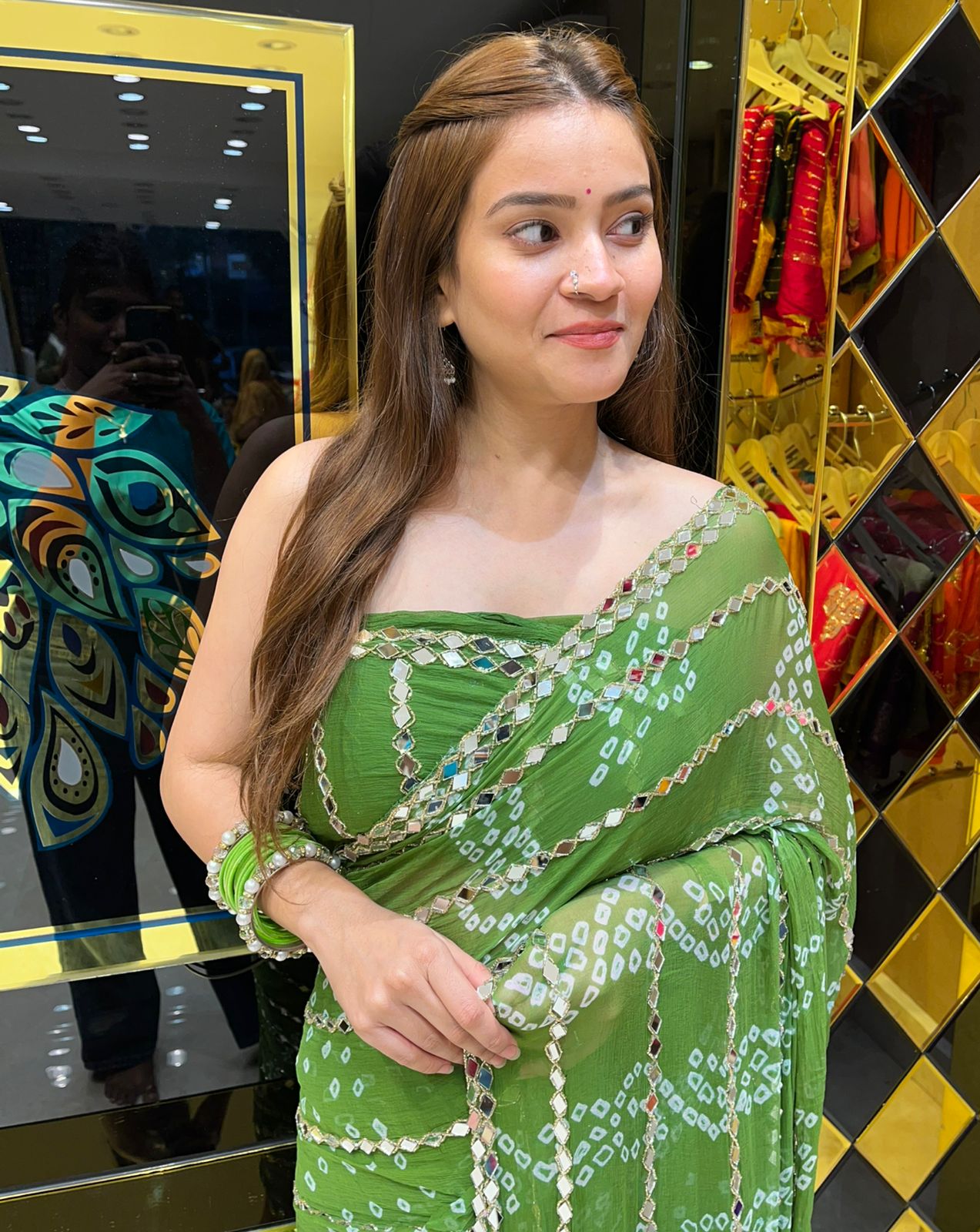Green Bandhej MIrror Handcrafted Saree (311)