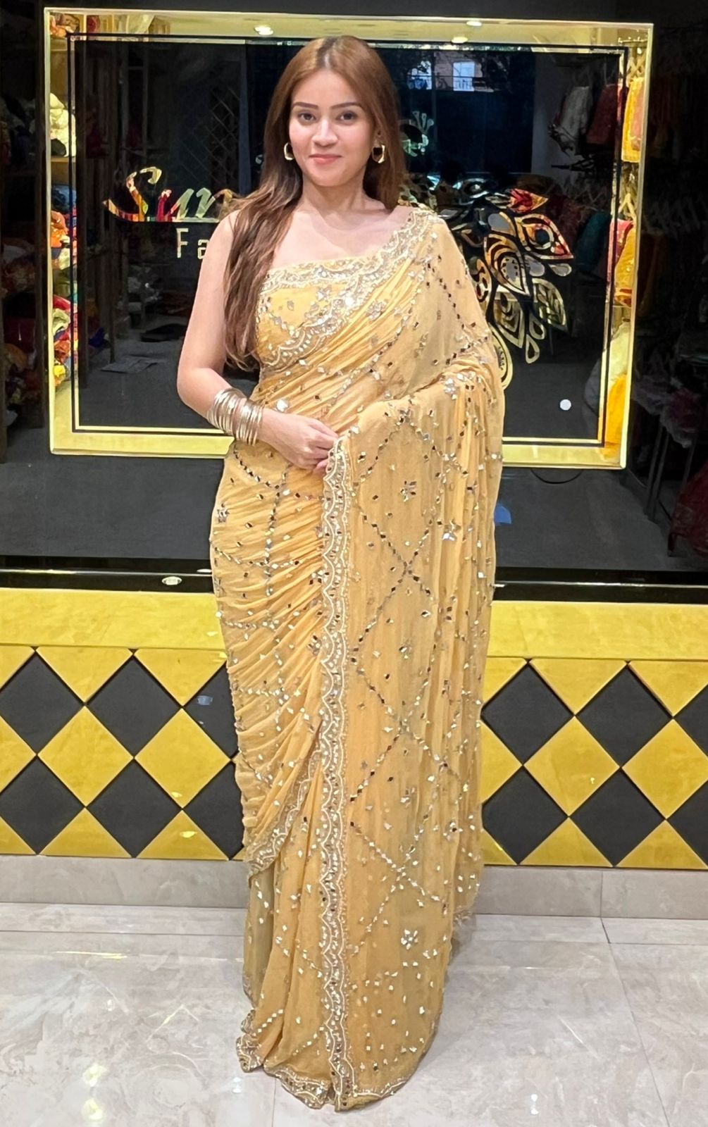 Light Golden Pearl And Mirror Handcrafted Saree (312)
