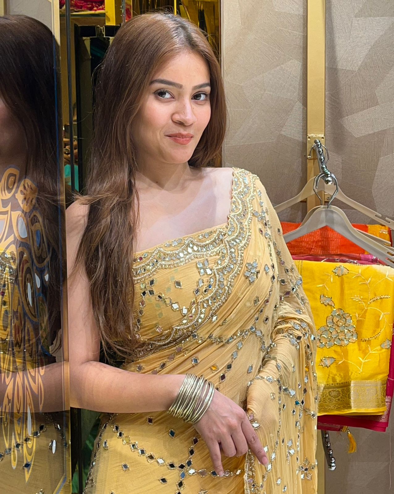 Light Golden Pearl And Mirror Handcrafted Saree (312)