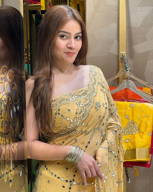 Light Golden Pearl And Mirror Handcrafted Saree (312)