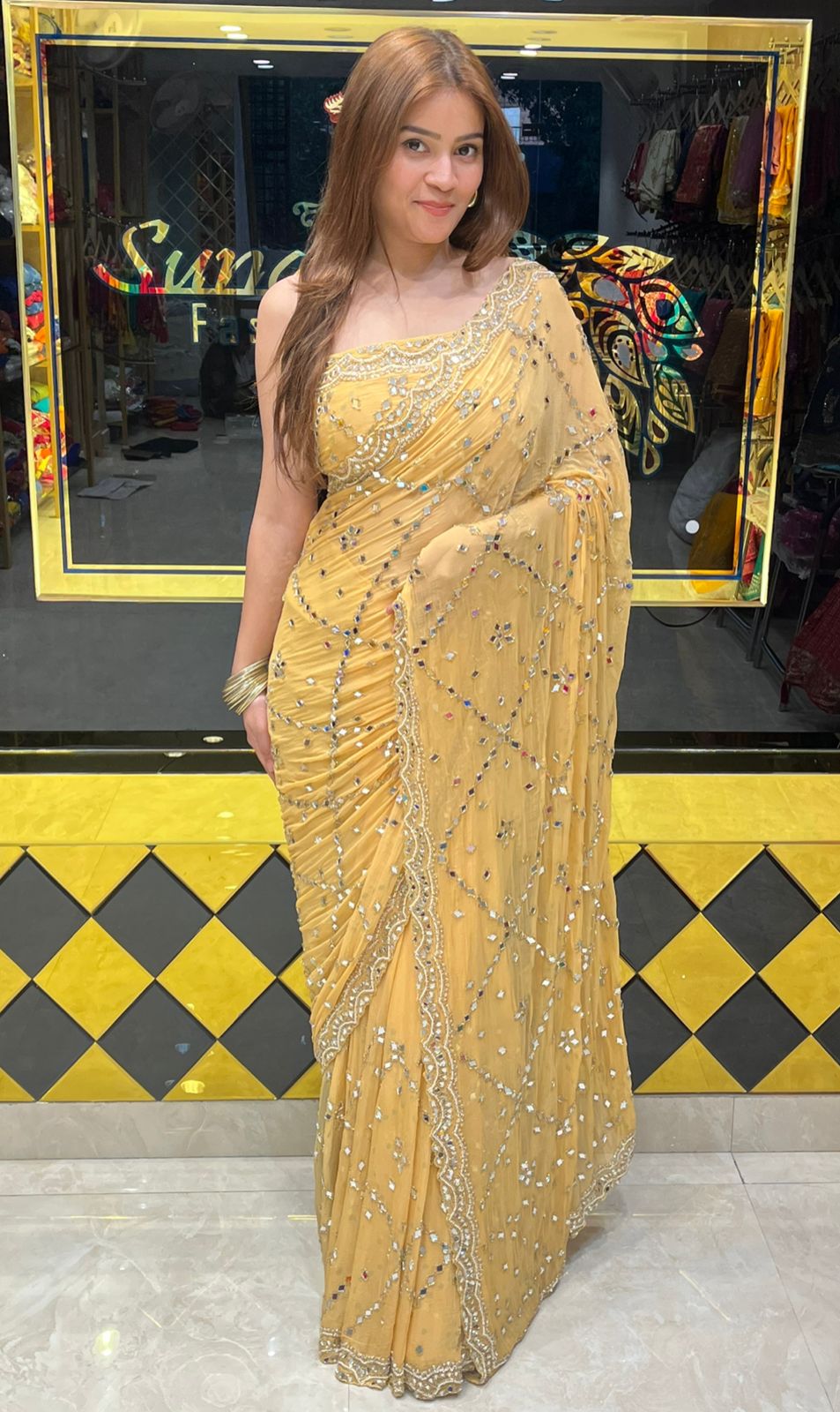 Light Golden Pearl And Mirror Handcrafted Saree (312)
