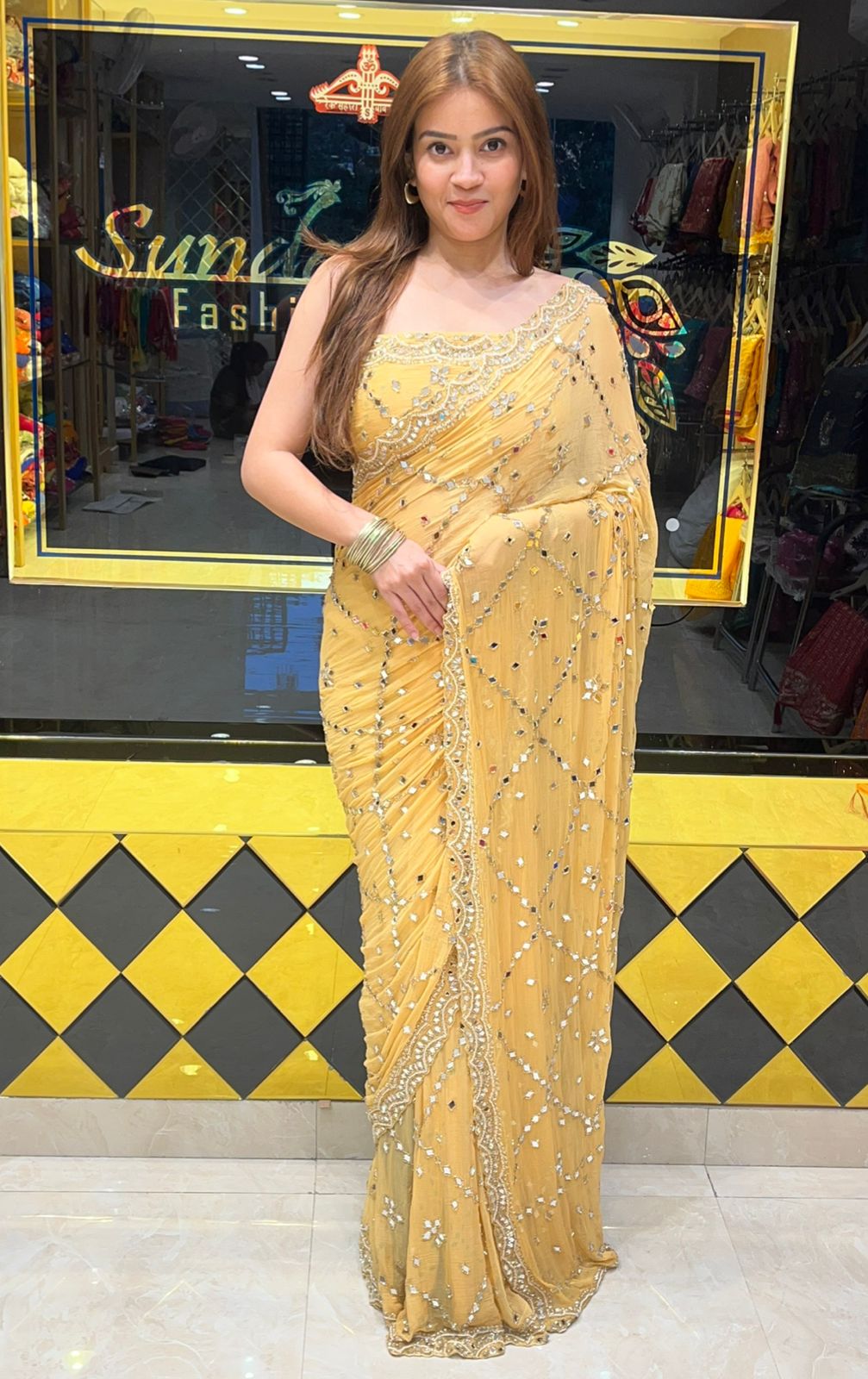 Light Golden Pearl And Mirror Handcrafted Saree (312)