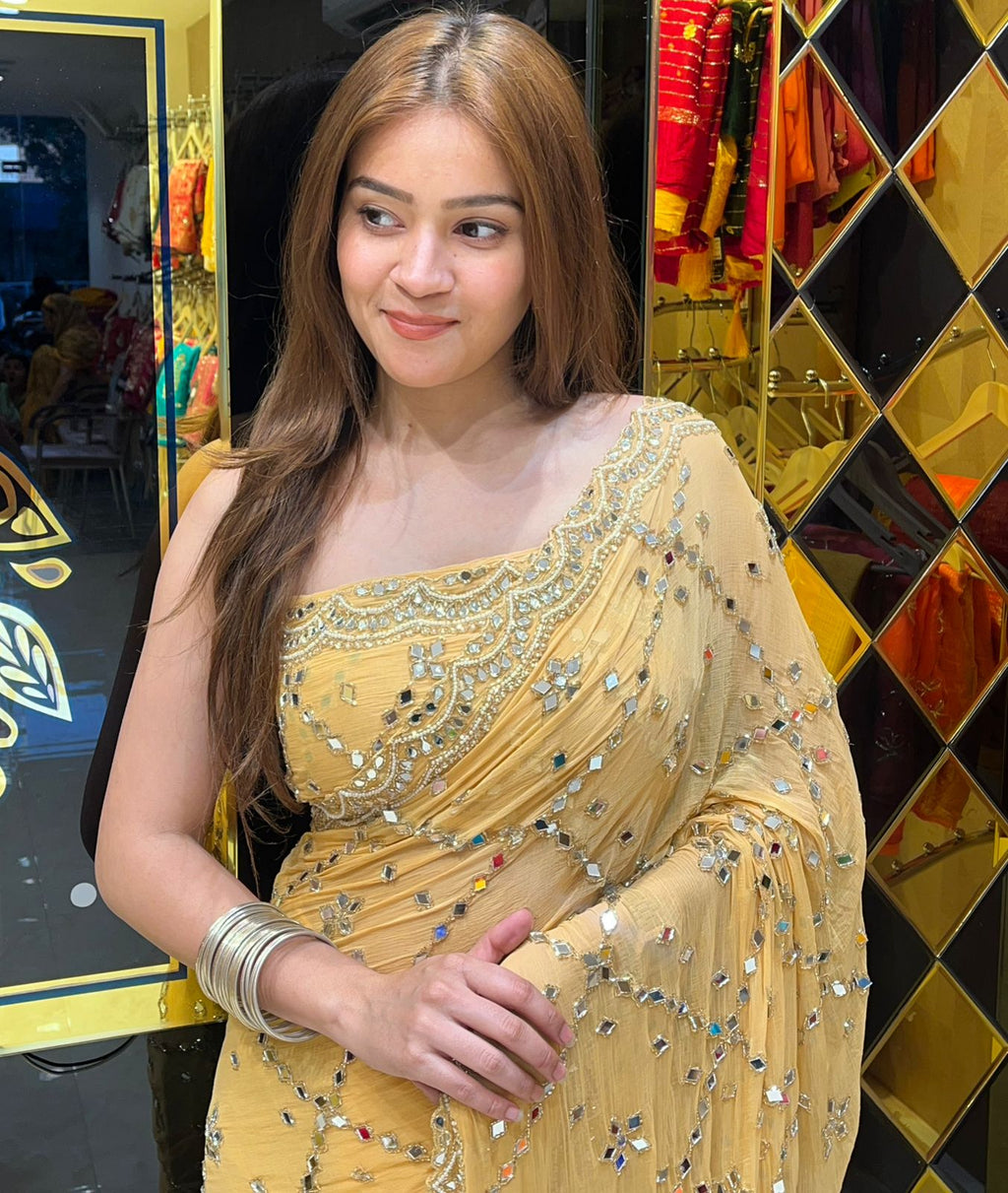 Light Golden Pearl And Mirror Handcrafted Saree (312)