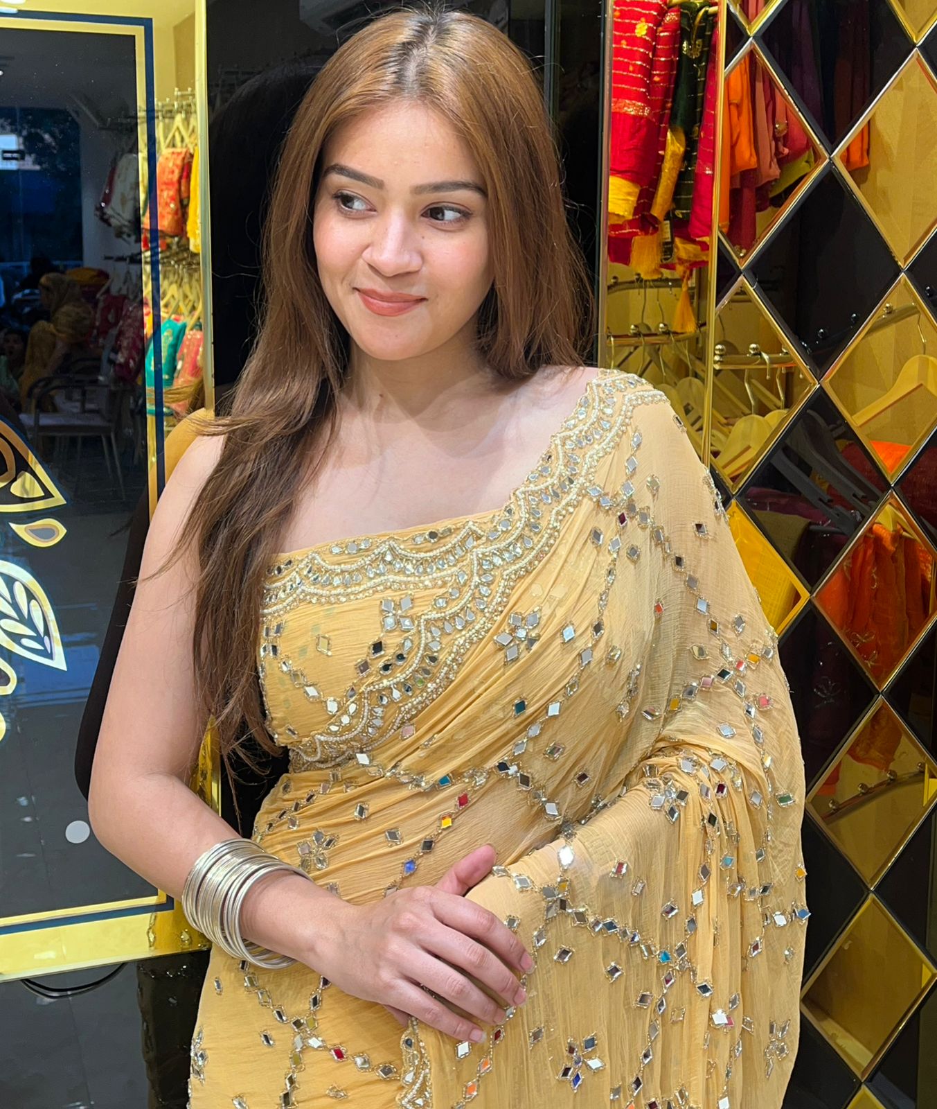 Light Golden Pearl And Mirror Handcrafted Saree (312)
