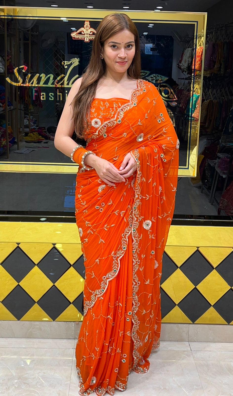 Orange Multiple Handwork Designer Saree (313)