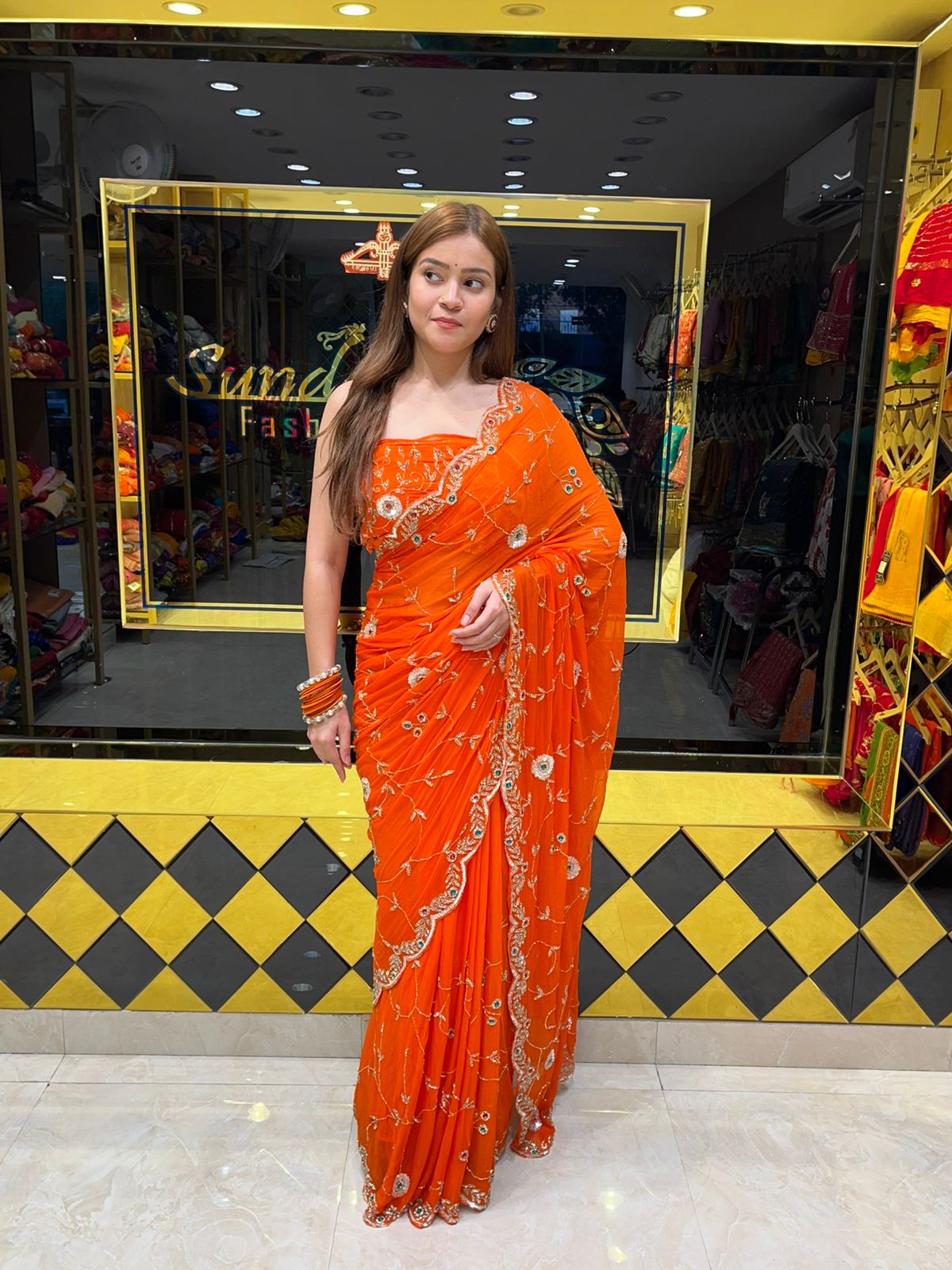 Orange Multiple Handwork Designer Saree (313)
