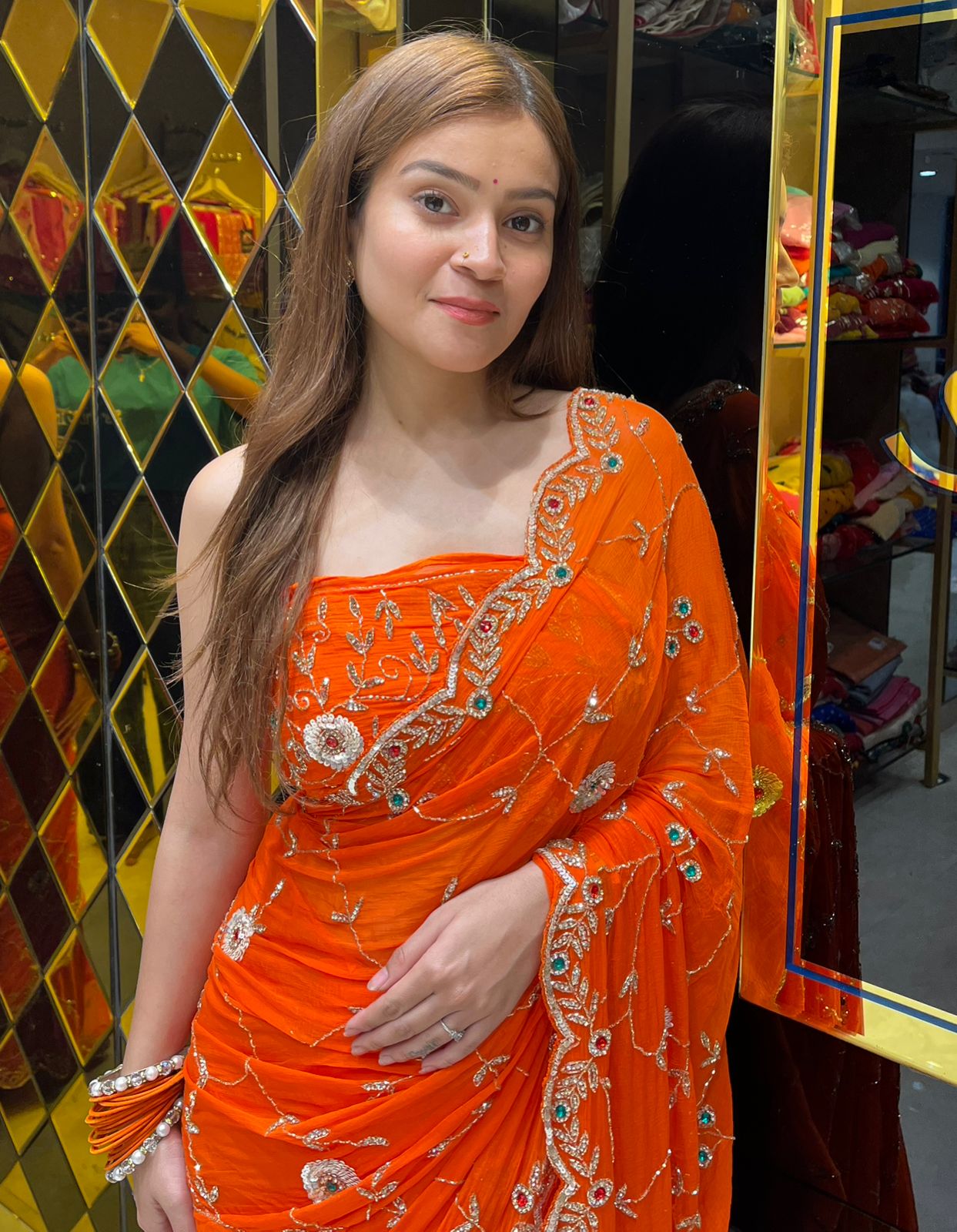 Orange Multiple Handwork Designer Saree (313)