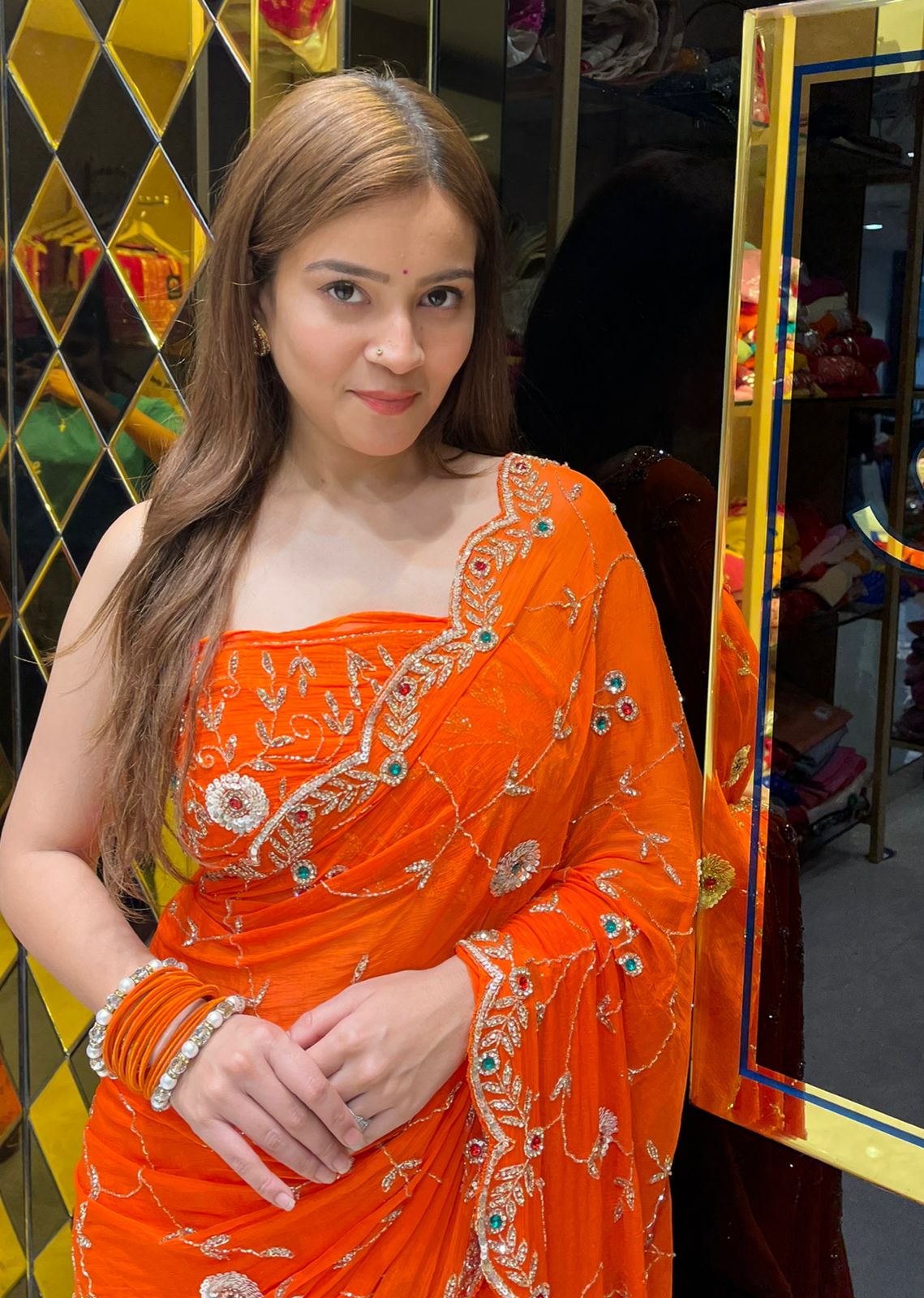 Orange Multiple Handwork Designer Saree (313)