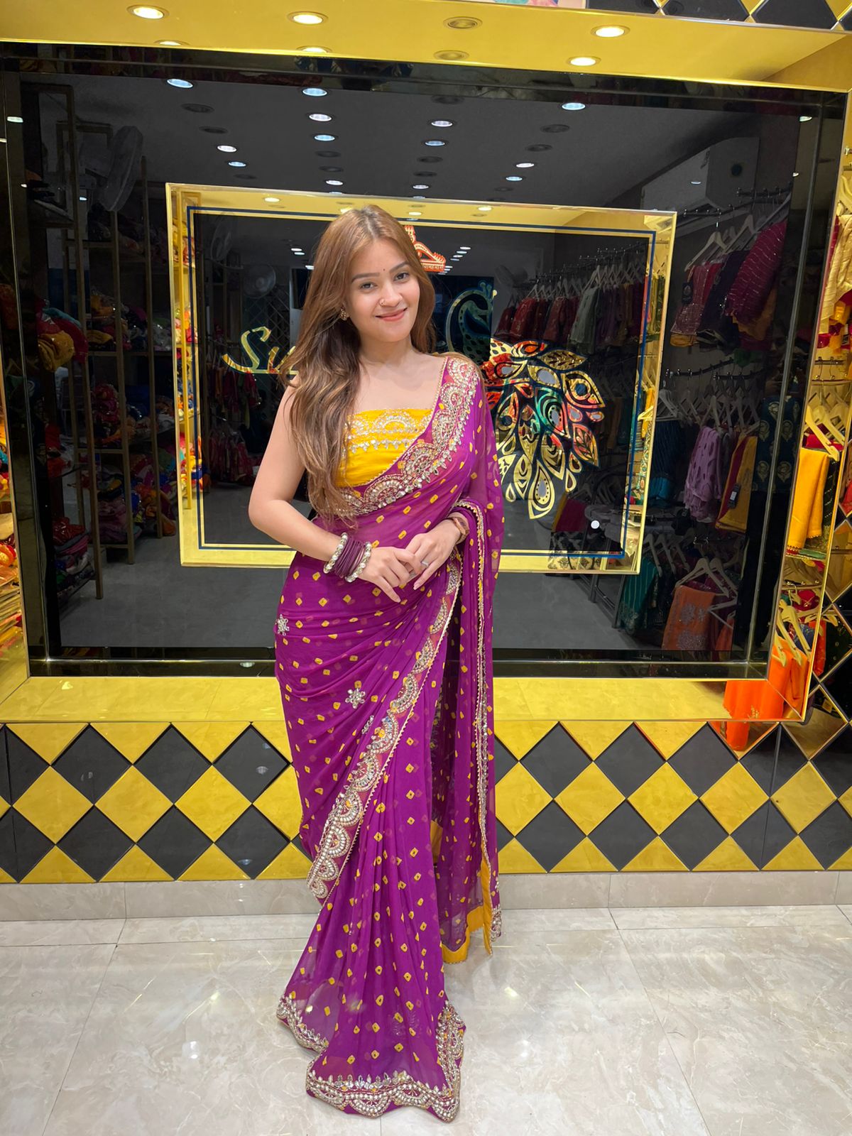 Magenta Pink  Pure Chiffon Bandhani Mirror Work Saree (325)