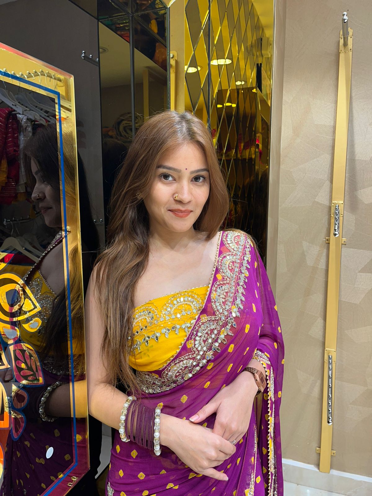 Magenta Pink  Pure Chiffon Bandhani Mirror Work Saree (325)