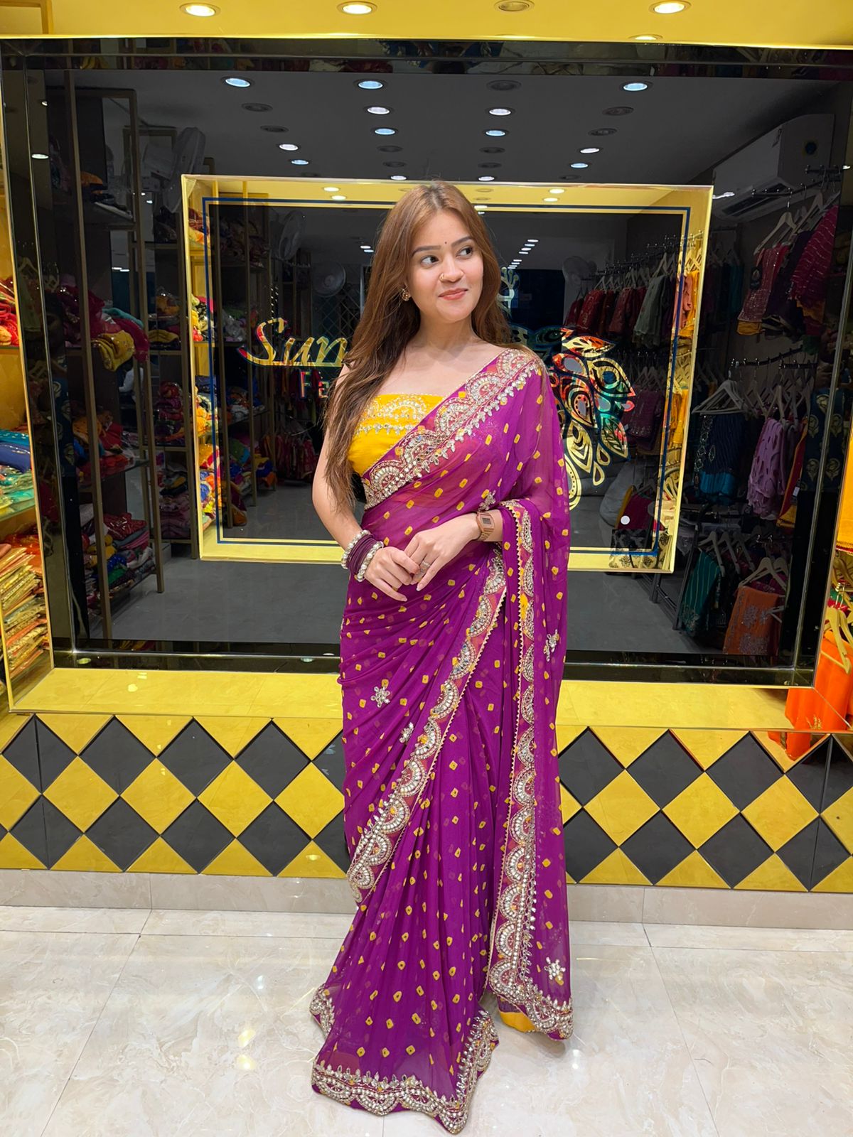 Magenta Pink  Pure Chiffon Bandhani Mirror Work Saree (325)