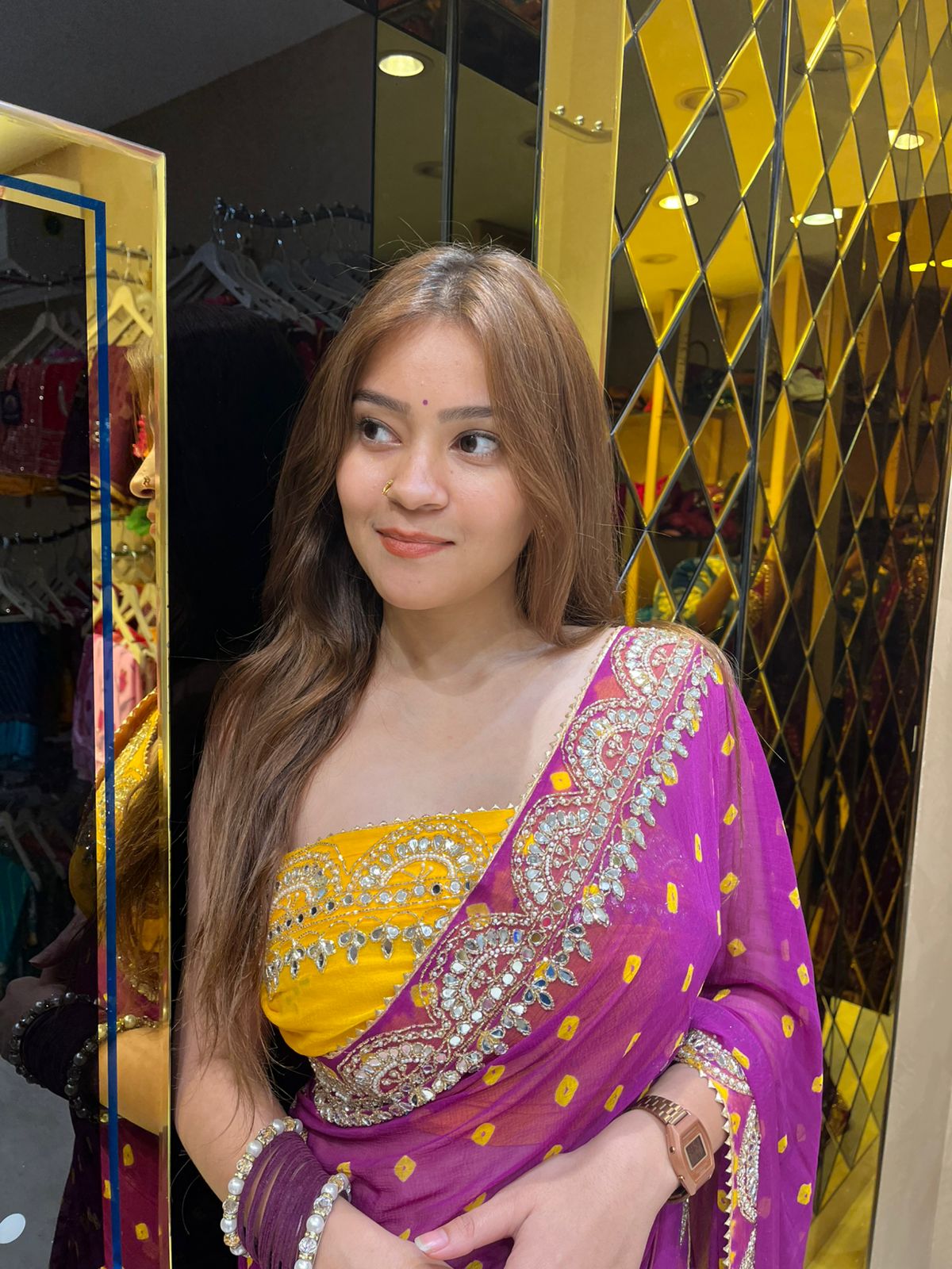 Magenta Pink  Pure Chiffon Bandhani Mirror Work Saree (325)
