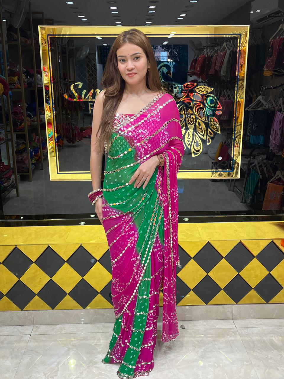 Handmade Bandhej Mirror Work Saree (321)