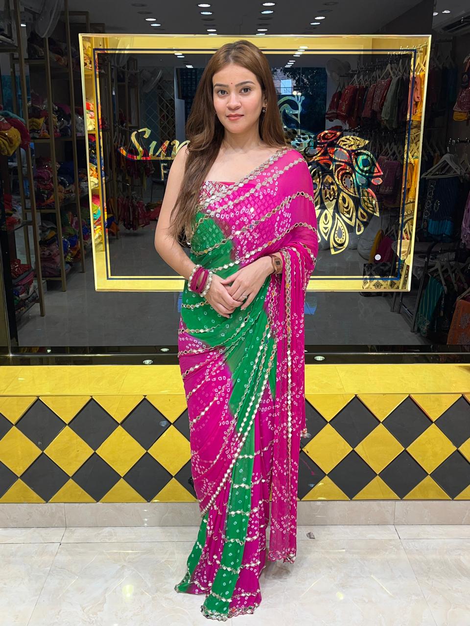 Handmade Bandhej Mirror Work Saree (321)
