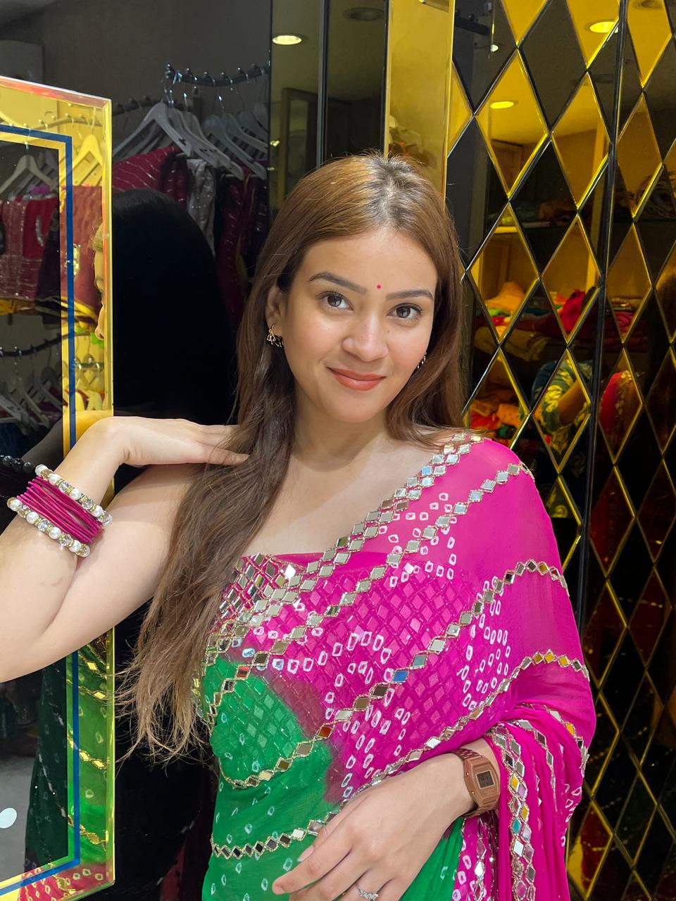Handmade Bandhej Mirror Work Saree (321)