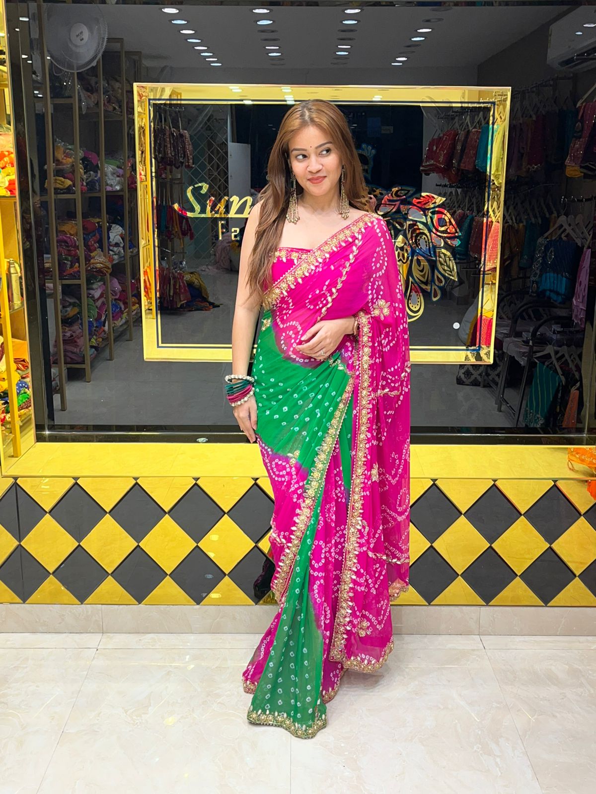 Dual Shade Bandhej Katdana Handwork Saree (327)
