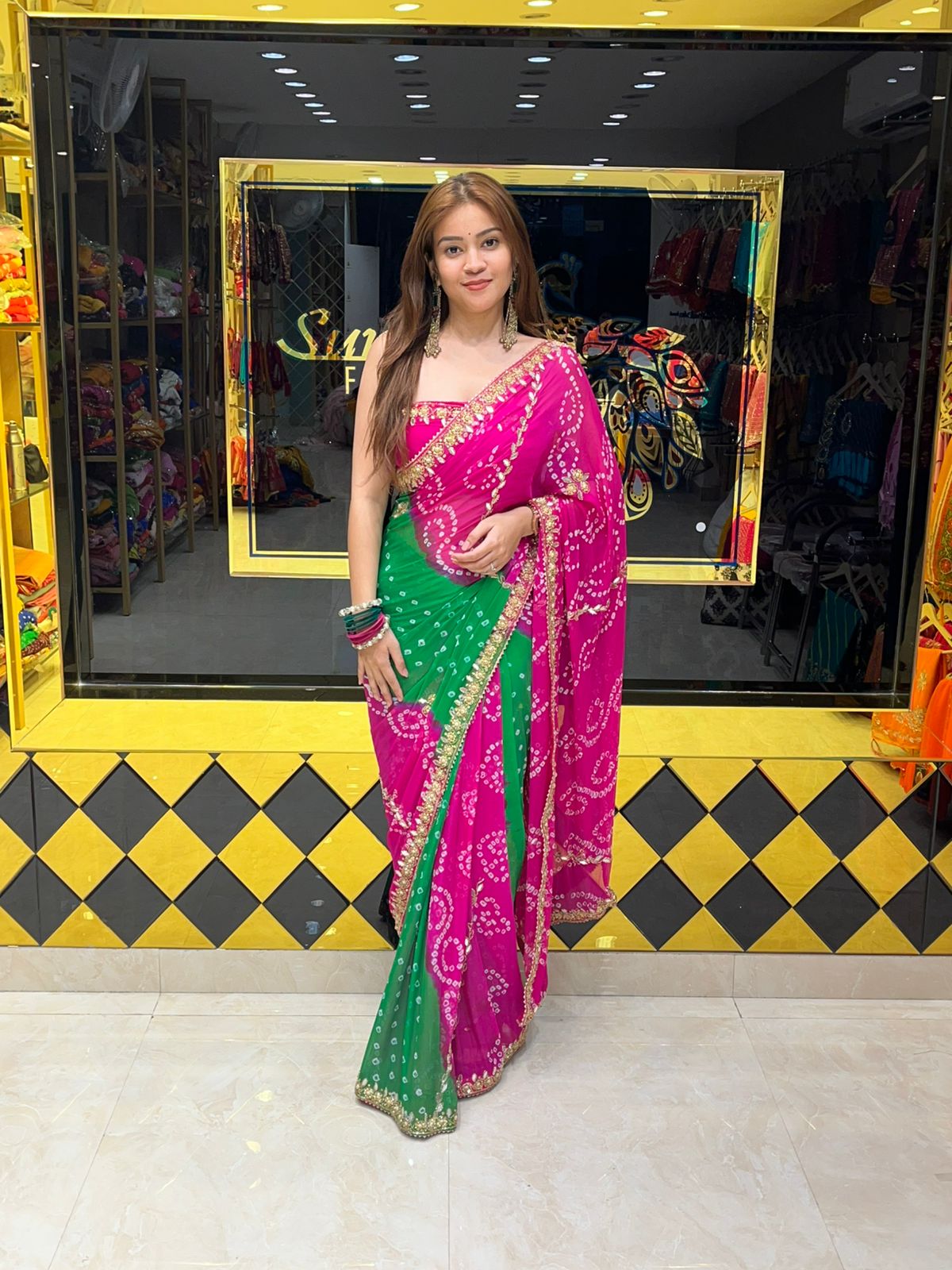 Dual Shade Bandhej Katdana Handwork Saree (327)