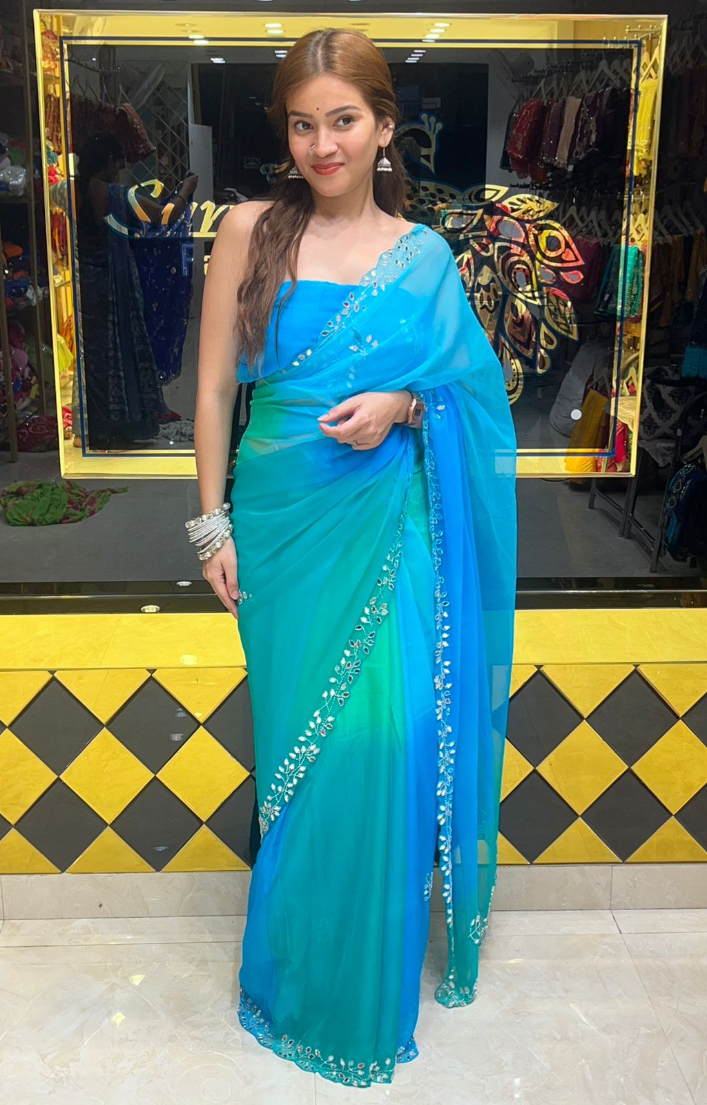 Blue ombre Katdana & Mirror work Saree (S22)