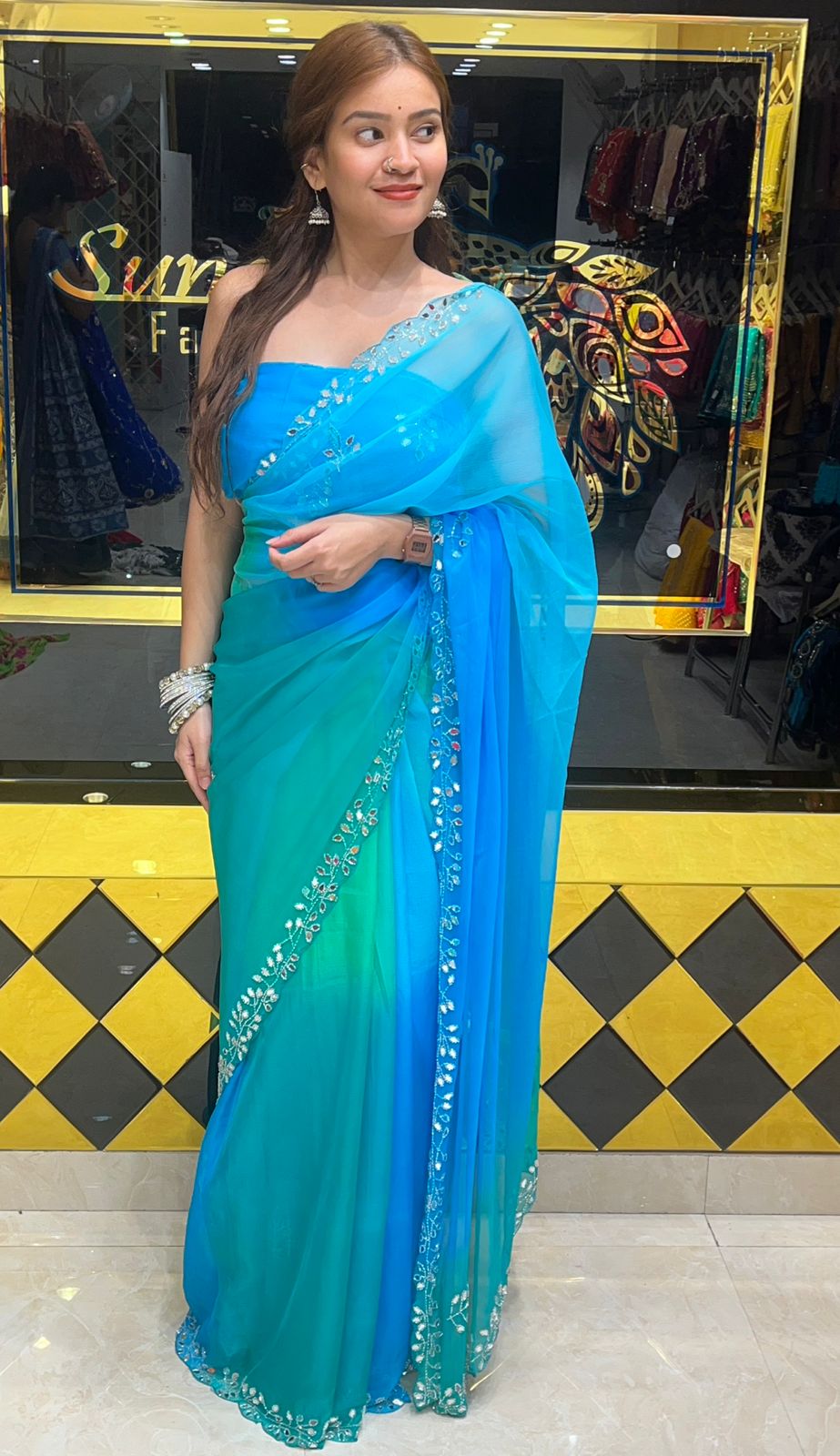 Blue ombre Katdana & Mirror work Saree (S22)