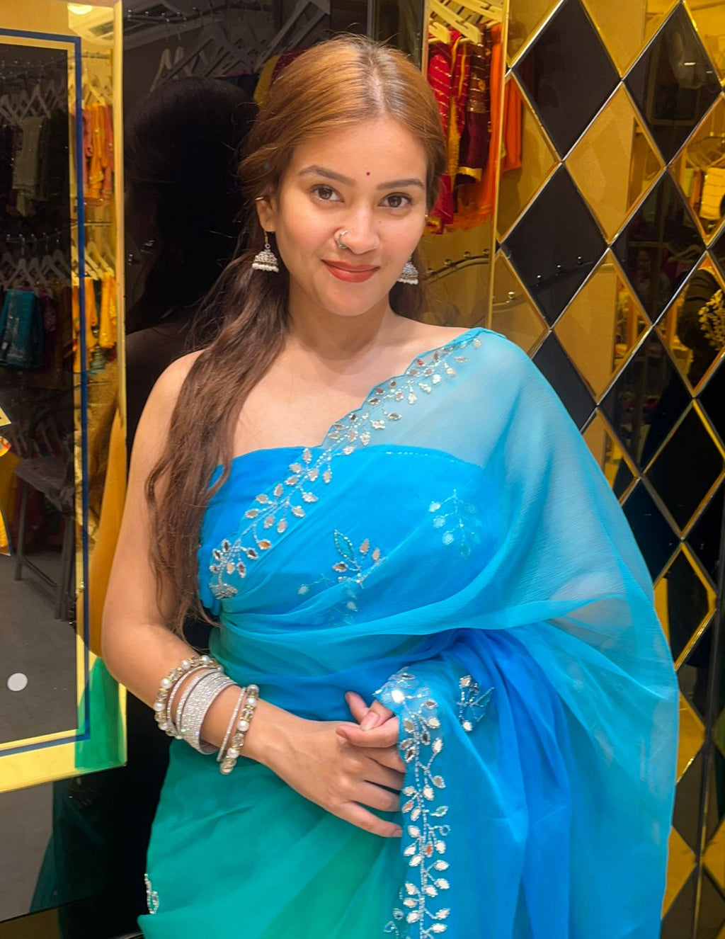 Blue ombre Katdana & Mirror work Saree (S22)