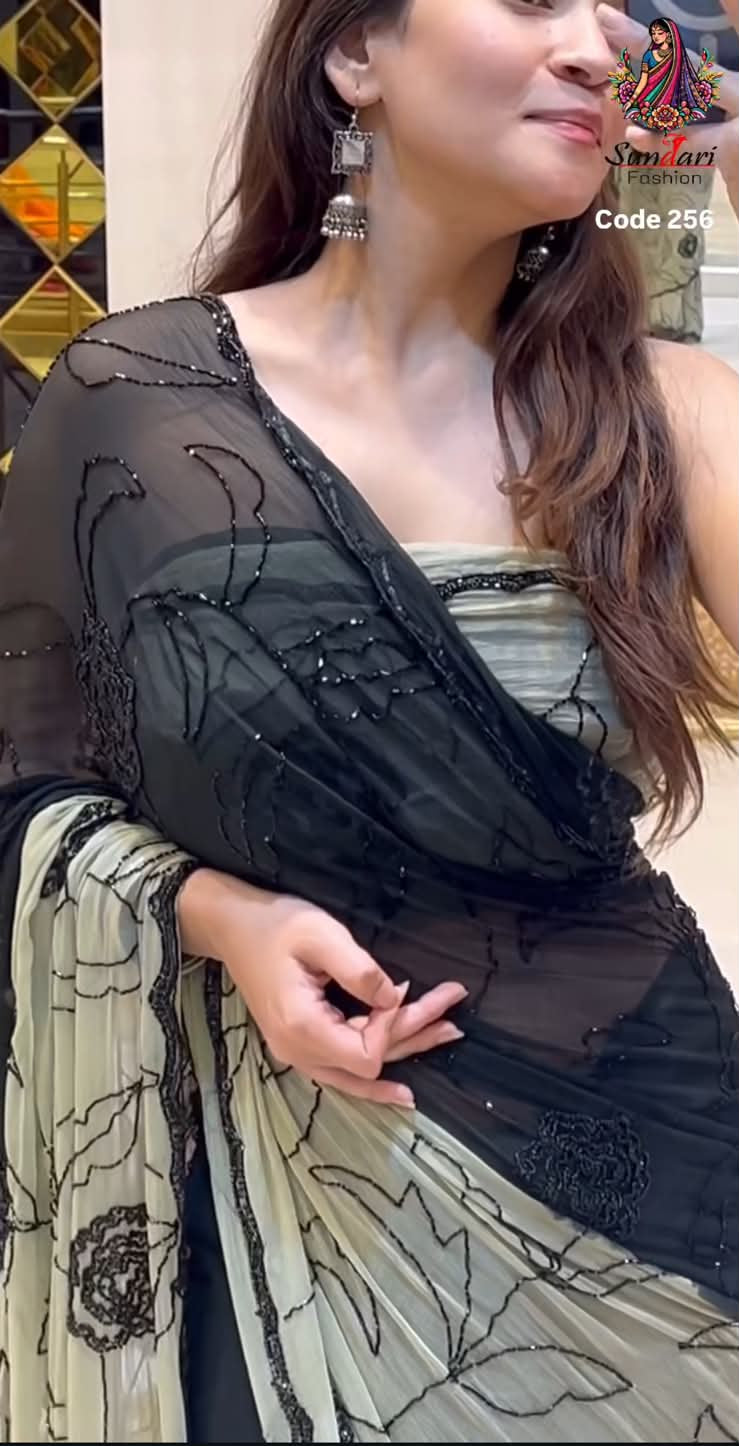Dual Shade Pure Chiffon  Handcrafted Saree (256)