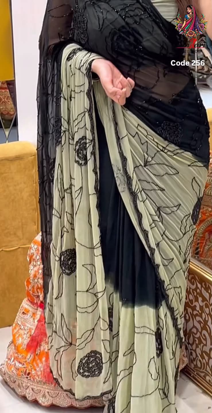 Dual Shade Pure Chiffon  Handcrafted Saree (256)